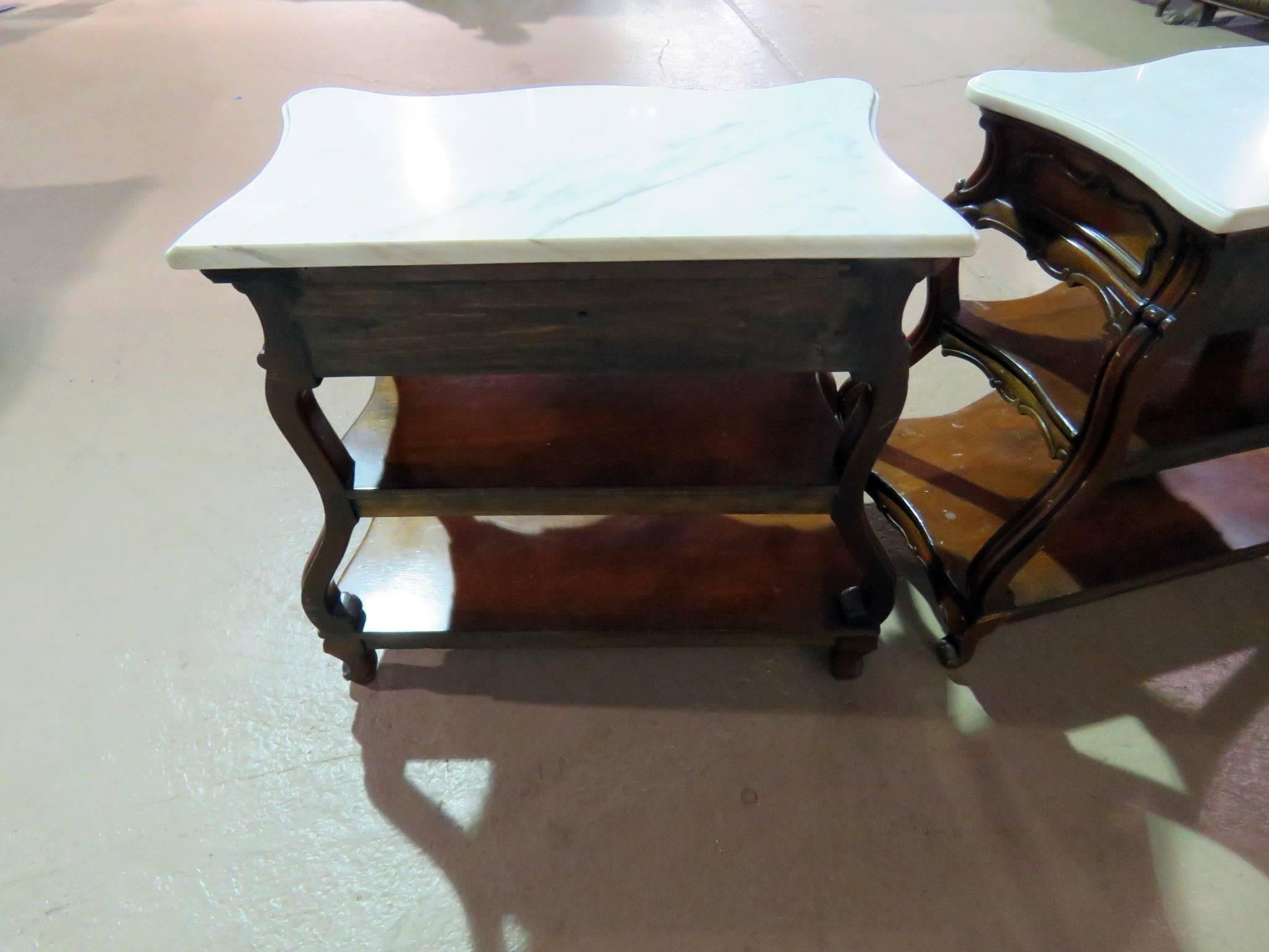 Pair of French Marble Top Bombe End Tables in the Manner of Auffray 2