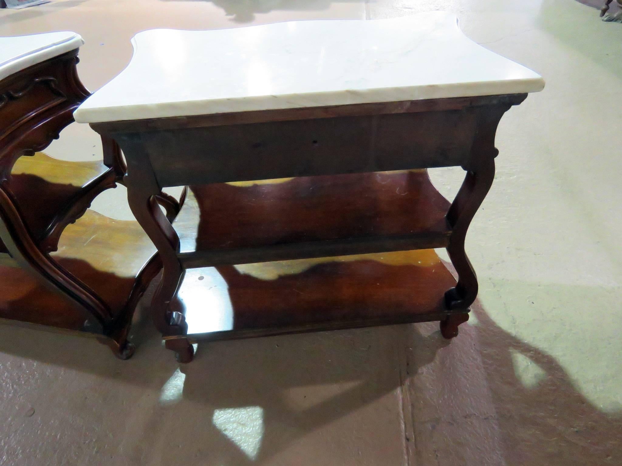 Pair of French Marble Top Bombe End Tables in the Manner of Auffray 3