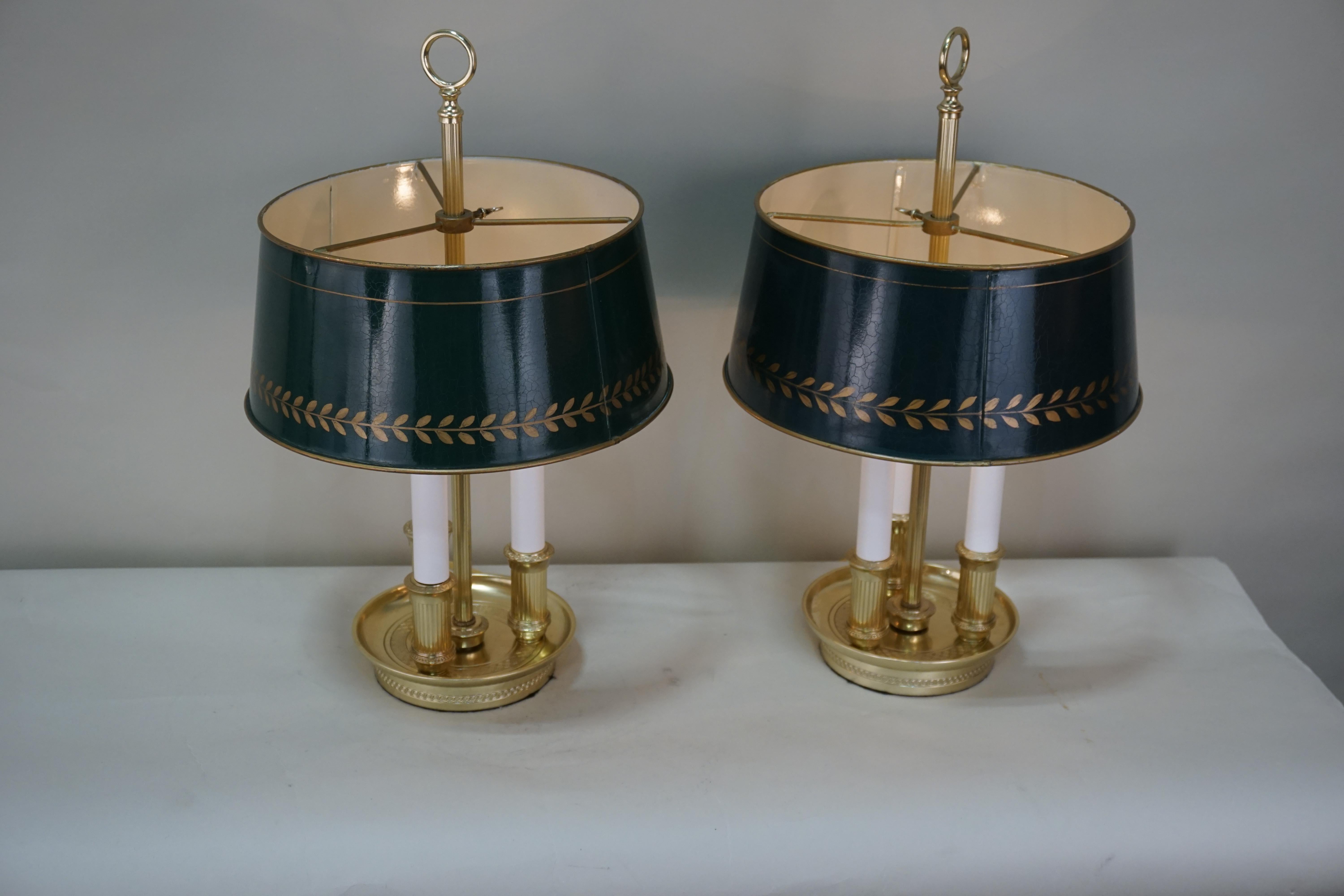Pair of French Bouillotte Desk Lamps with Tole Shades 7