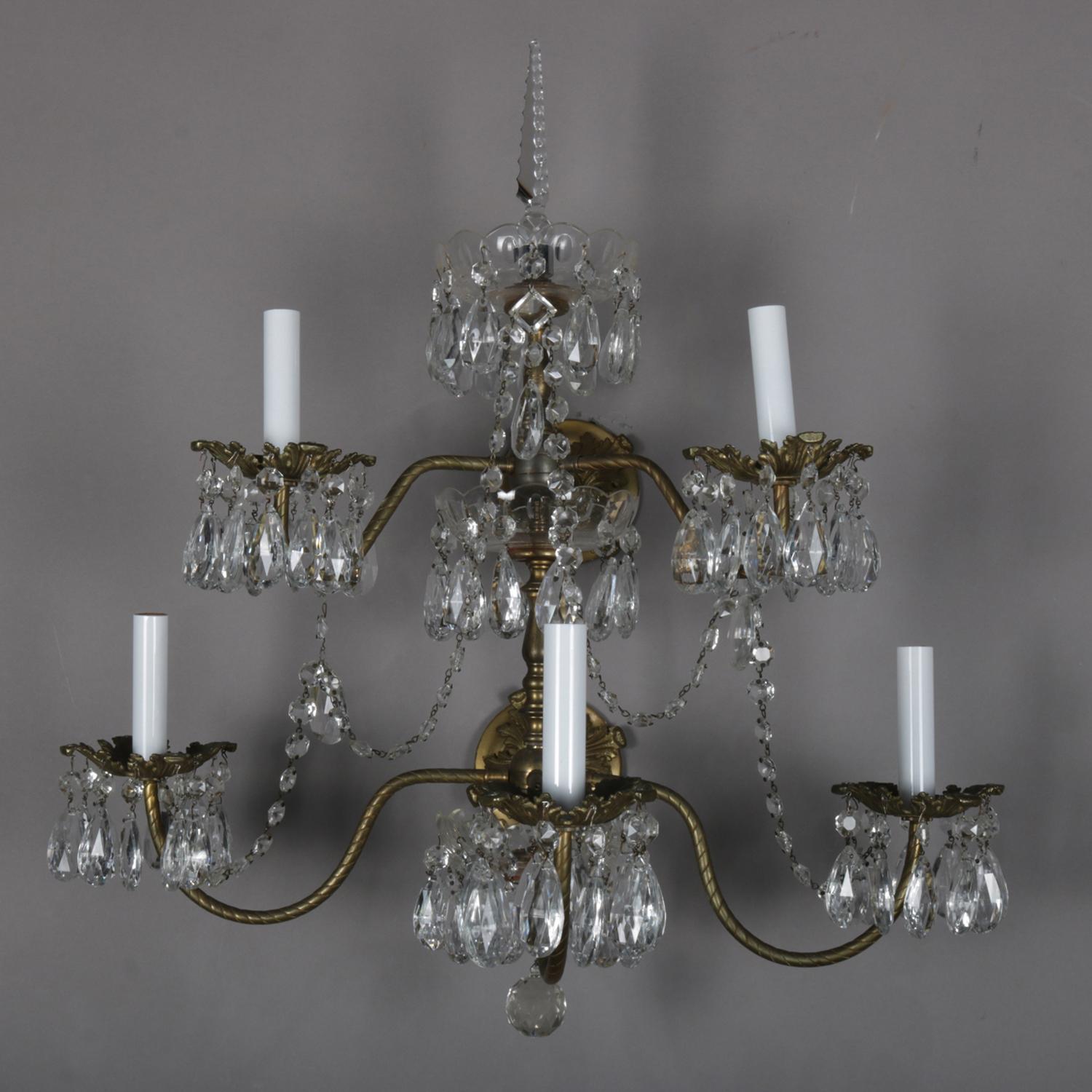 Pair of French Branch Chandelier Rock Crystal Electric Candle Light Wall Sconces im Zustand „Gut“ in Big Flats, NY
