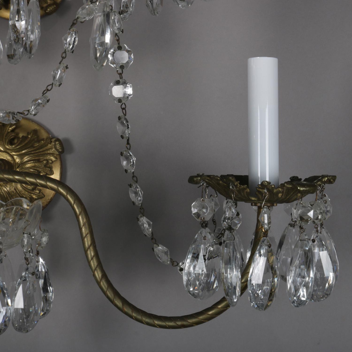 Pair of French Branch Chandelier Rock Crystal Electric Candle Light Wall Sconces In Good Condition In Big Flats, NY