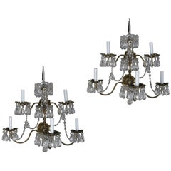 Vintage Pair of French Branch Chandelier Rock Crystal Electric Candle Light Wall Sconces