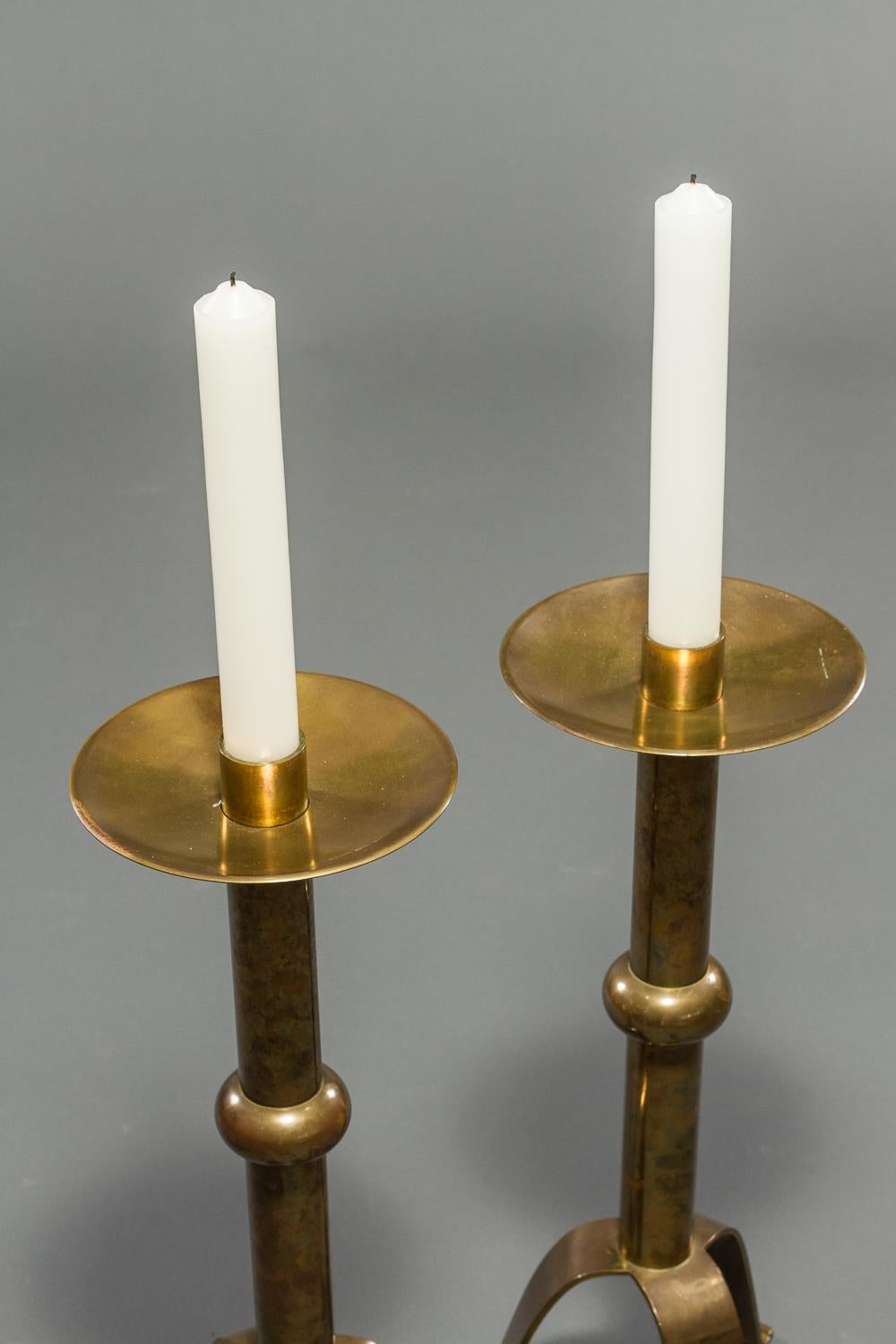 Pair of French Brass Altar Sticks In Excellent Condition For Sale In Hudson, NY