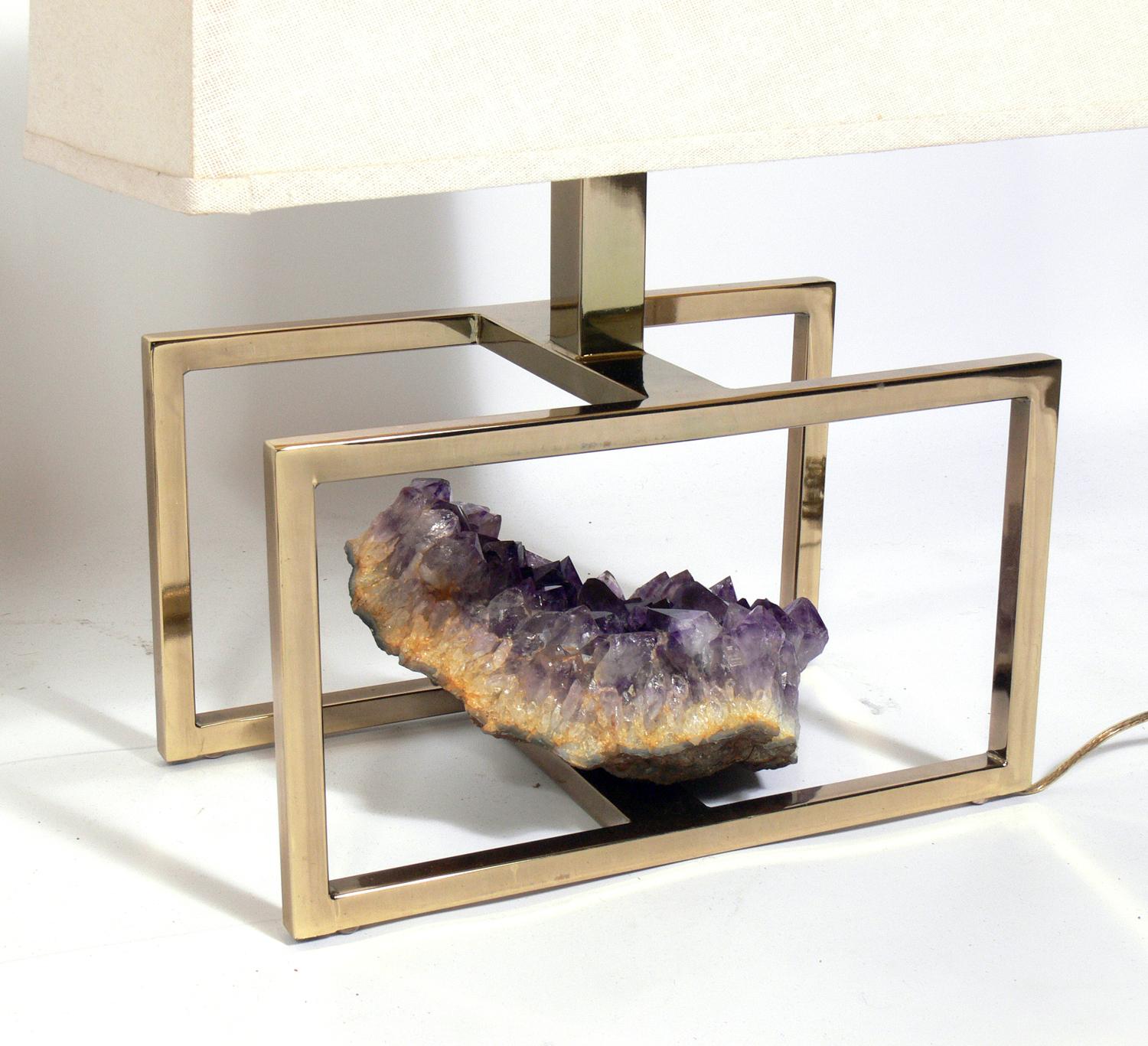 Plated Pair of French Brass and Amethyst Lamps For Sale