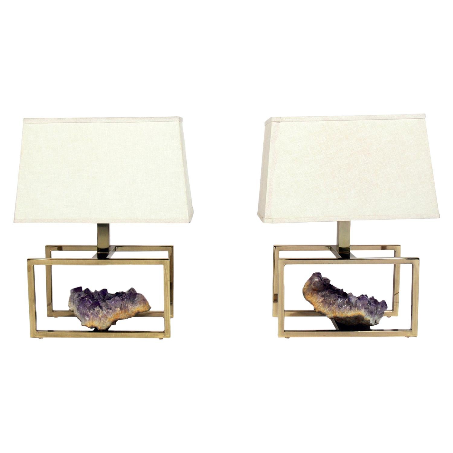 Pair of French Brass and Amethyst Lamps For Sale