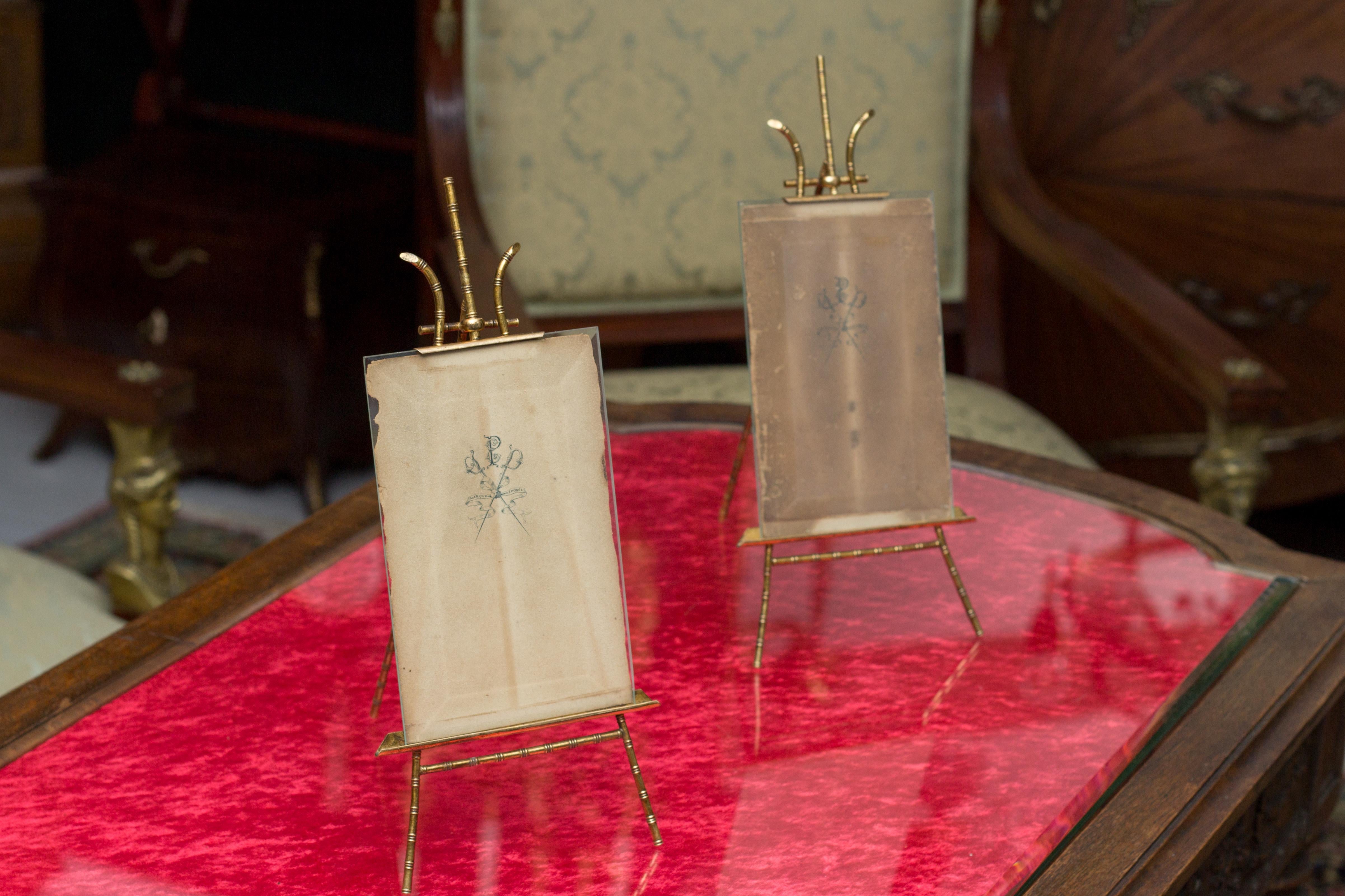 Pair of French Brass and Beveled Glass Picture Photograph Frames Easels