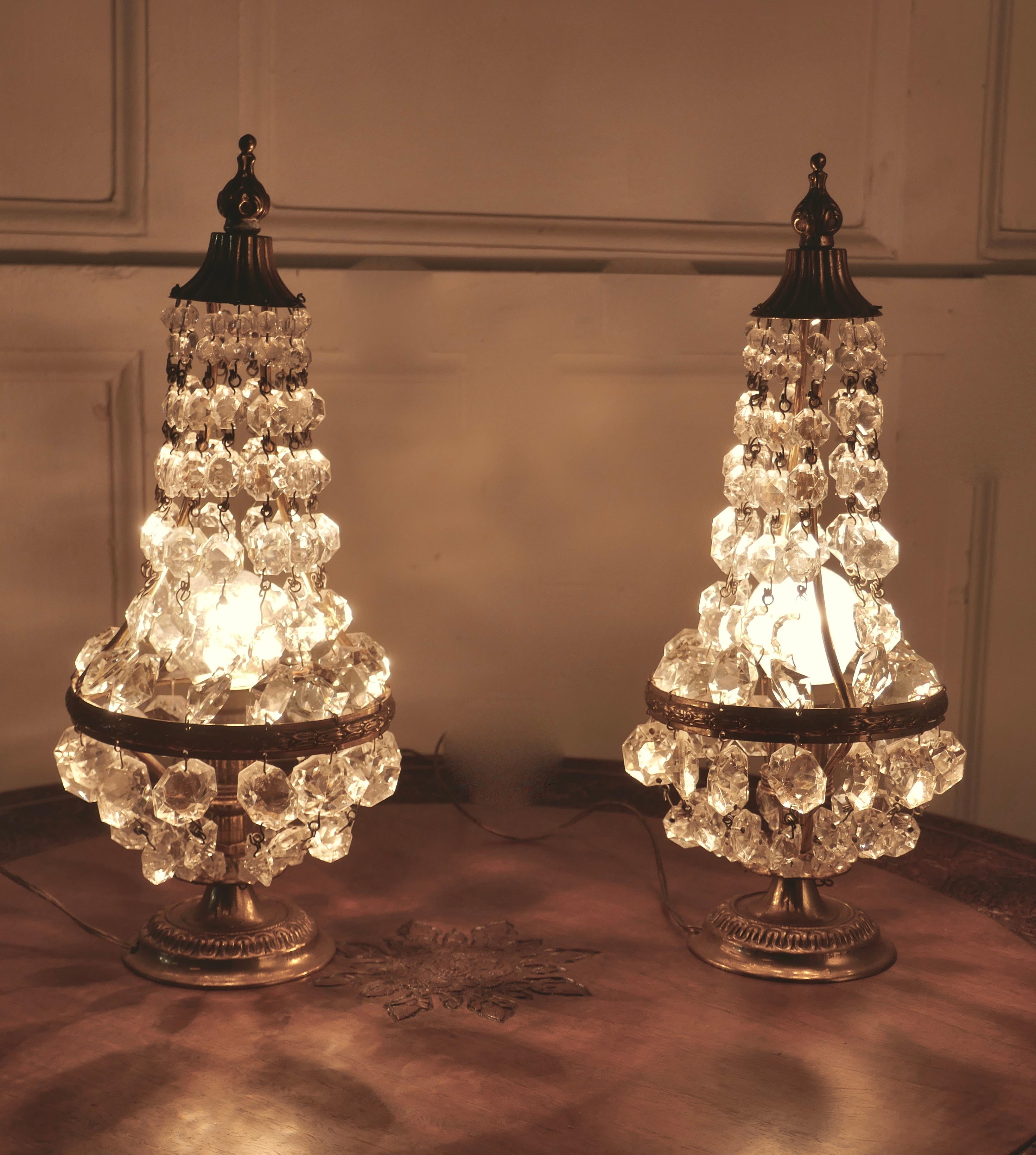 19th Century Pair of French Brass and Crystal Chandelier Table Lamps, Tent Girandole