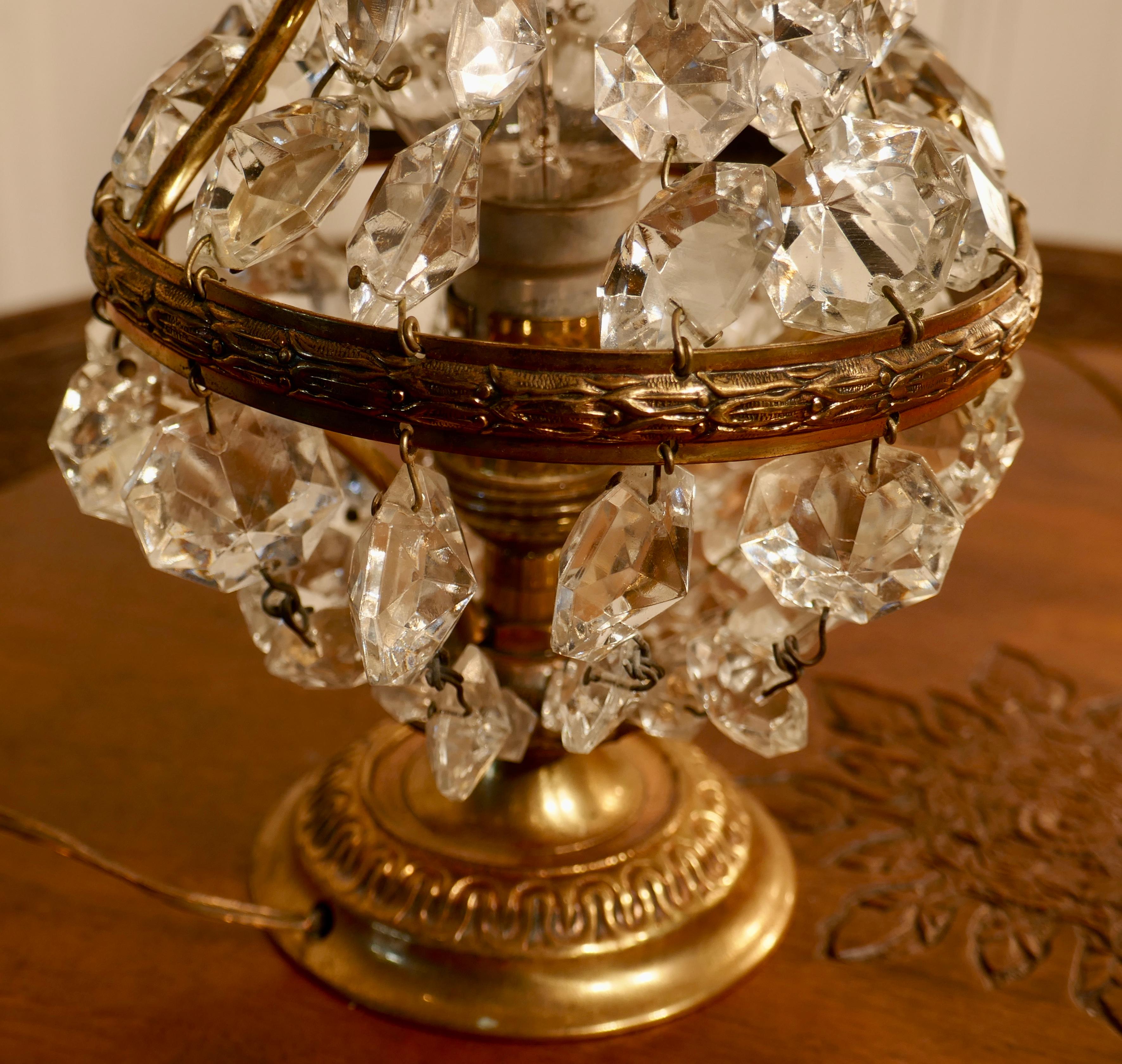 Pair of French Brass and Crystal Chandelier Table Lamps, Tent Girandole 1
