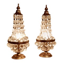 Pair of French Brass and Crystal Chandelier Table Lamps, Tent Girandole