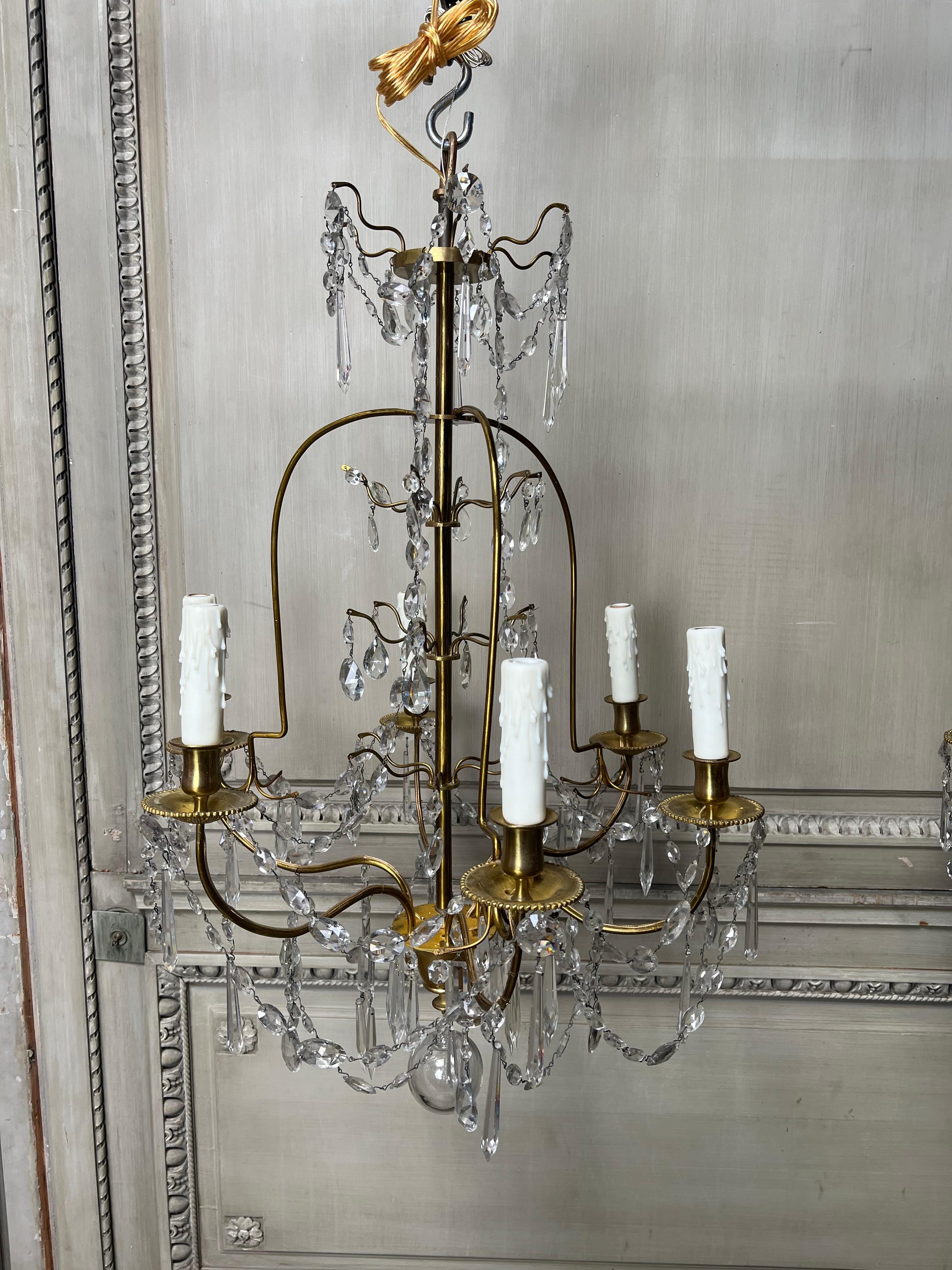 Pair of French Brass and Crystal Chandeliers For Sale 4