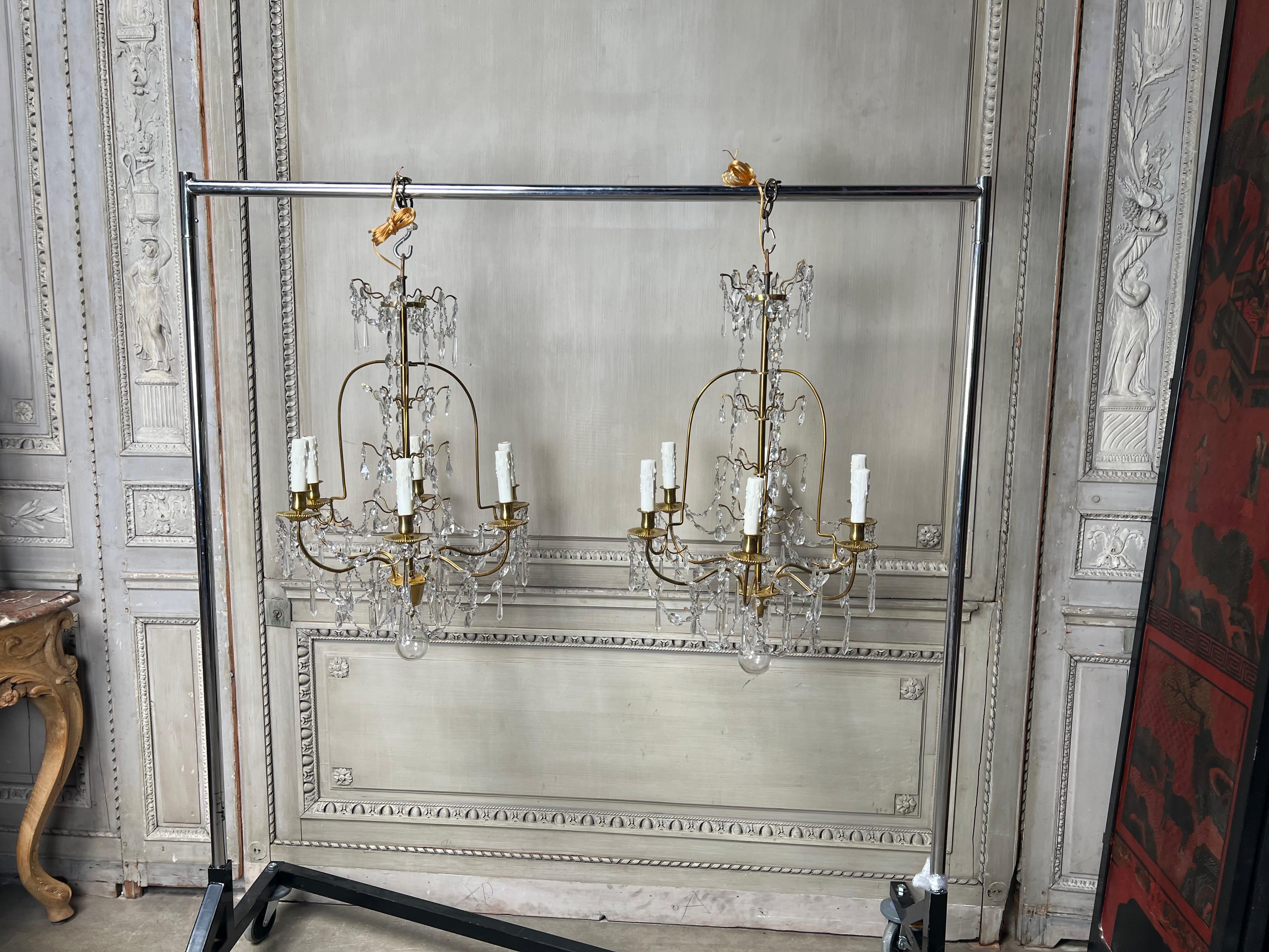 Pair of French Brass and Crystal Chandeliers For Sale 5