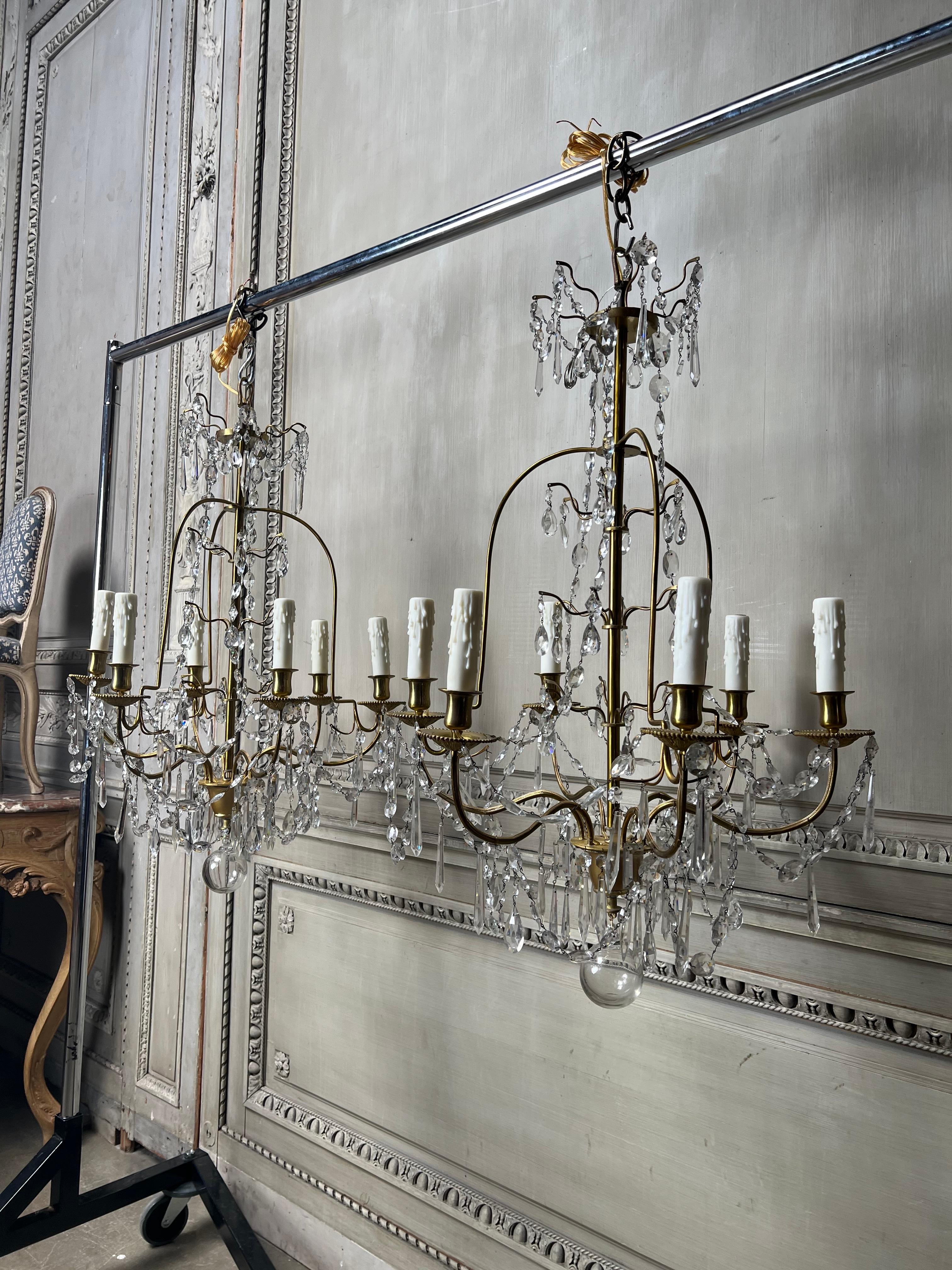 Pair of French Brass and Crystal Chandeliers For Sale 6