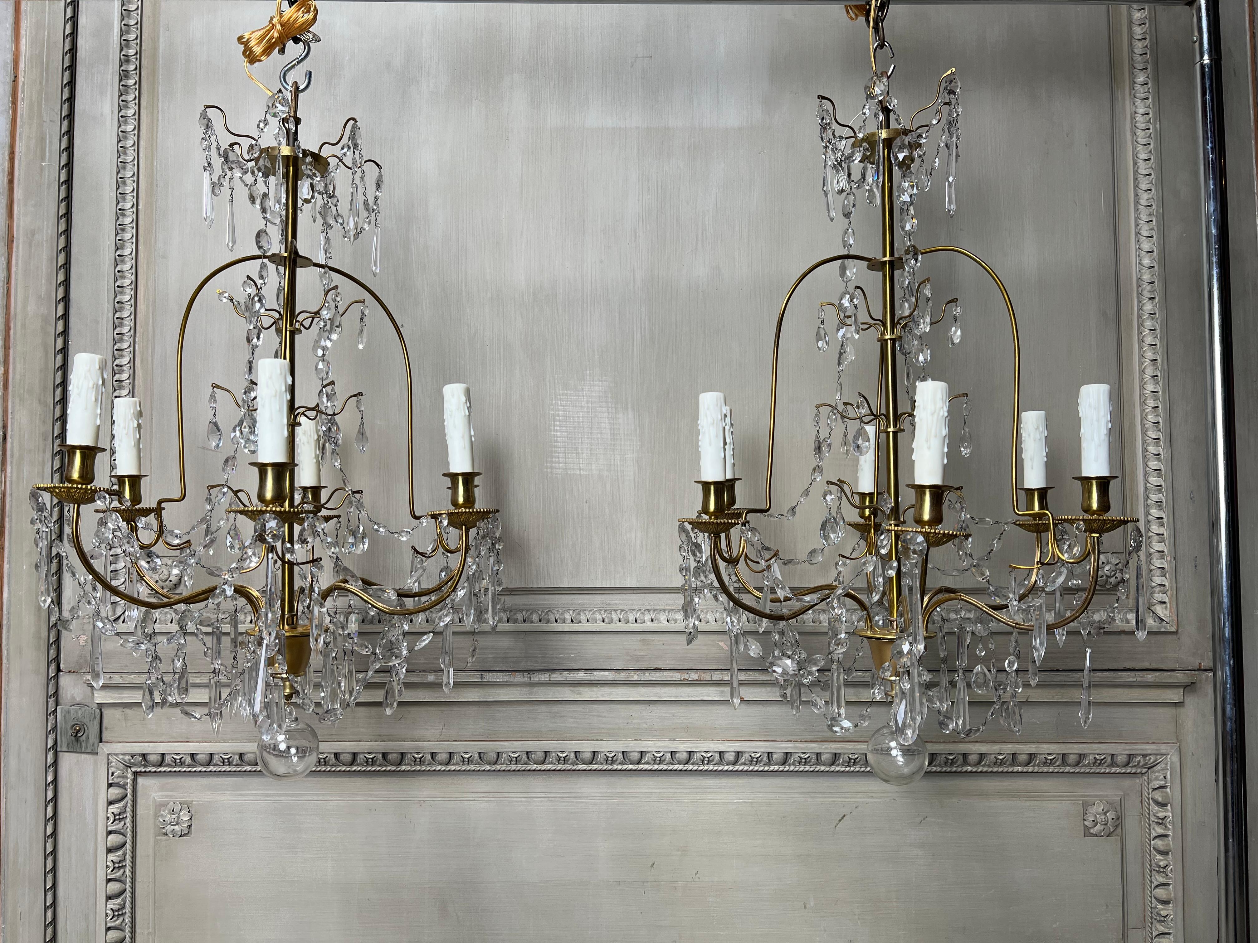 Pair of French Brass and Crystal Chandeliers For Sale 7