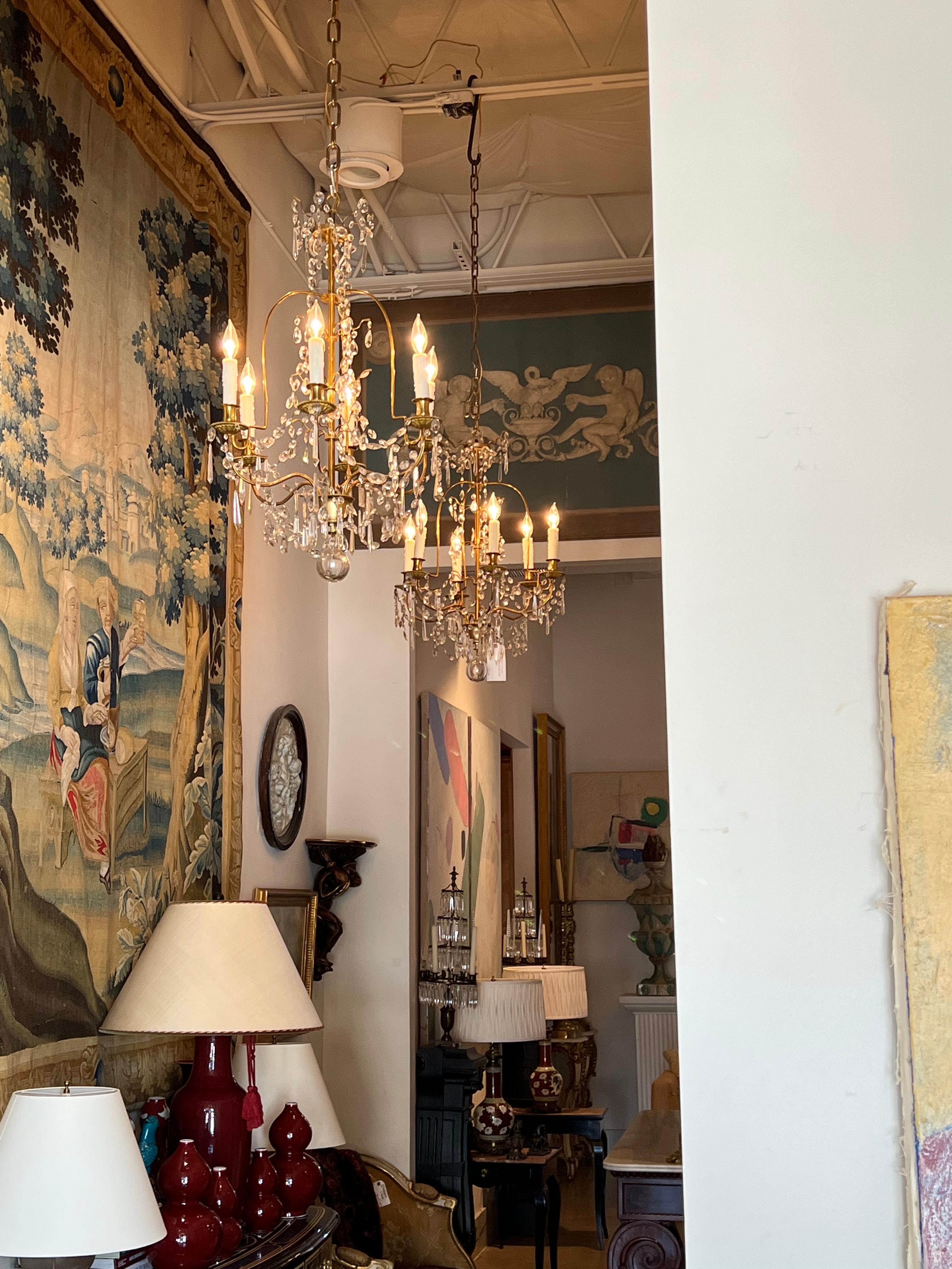 Pair of French Brass and Crystal Chandeliers For Sale 8