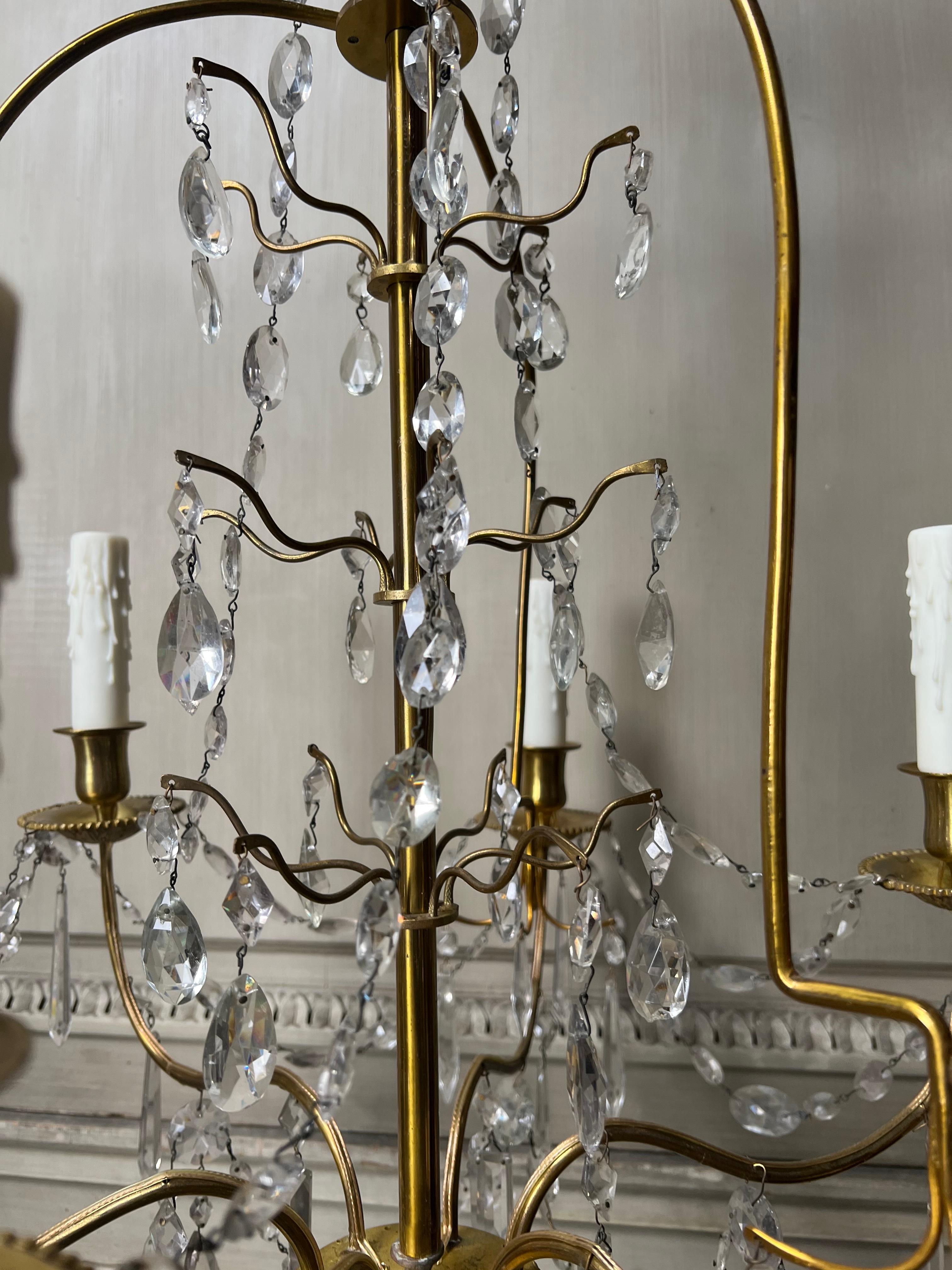 Cast Pair of French Brass and Crystal Chandeliers For Sale