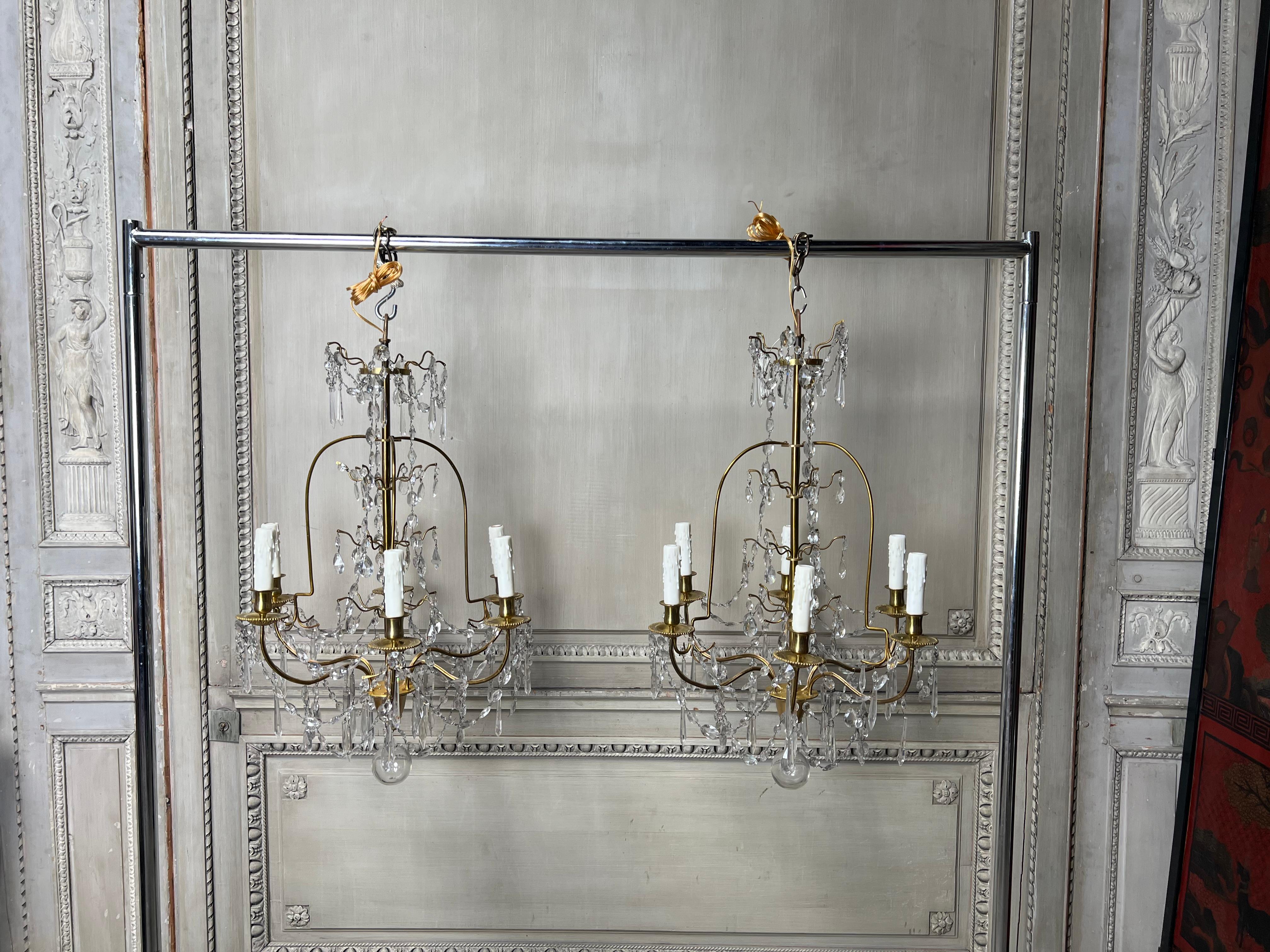 Pair of French Brass and Crystal Chandeliers For Sale 3
