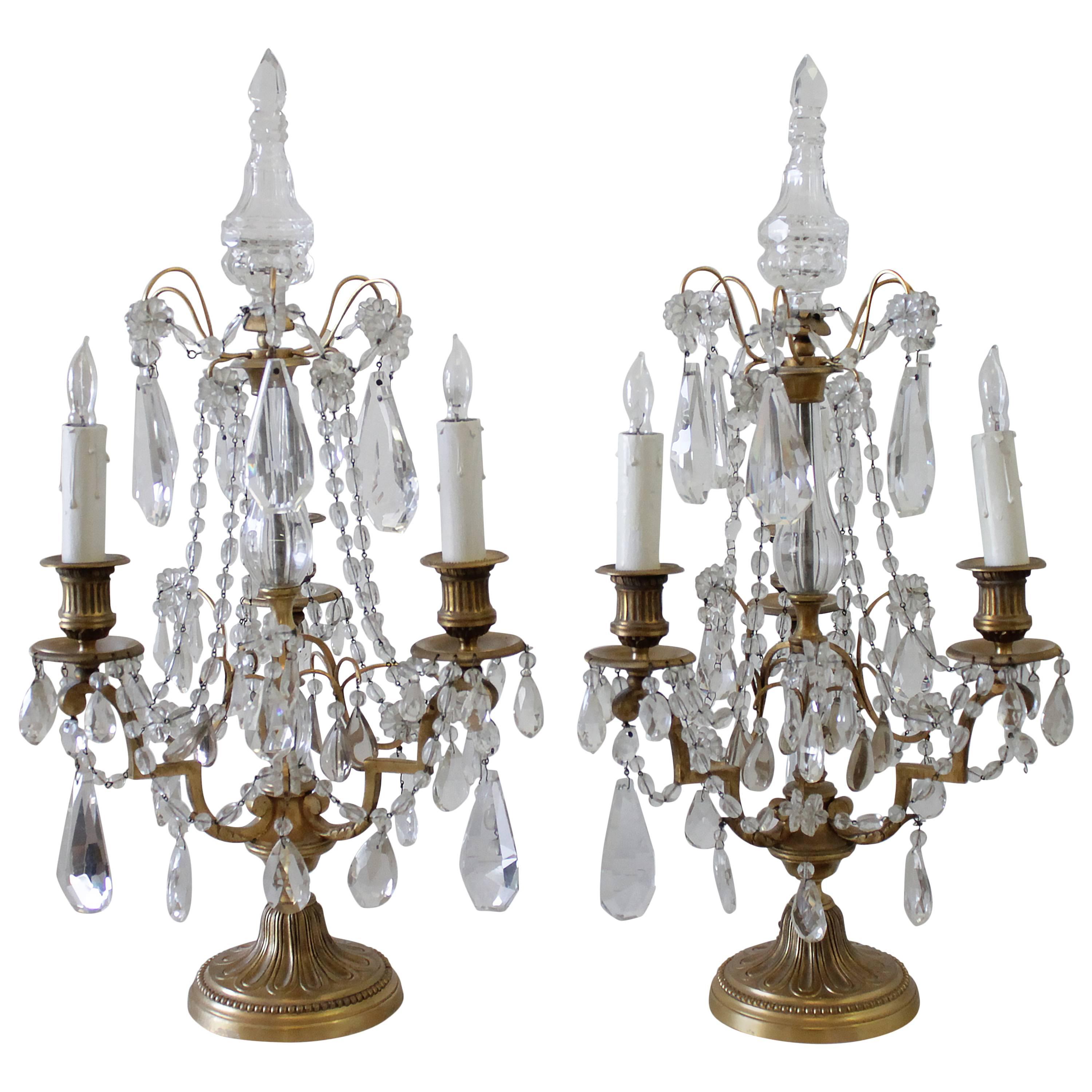 Pair of French Brass and Crystal Three-Light Girandole Chandelier Lamps