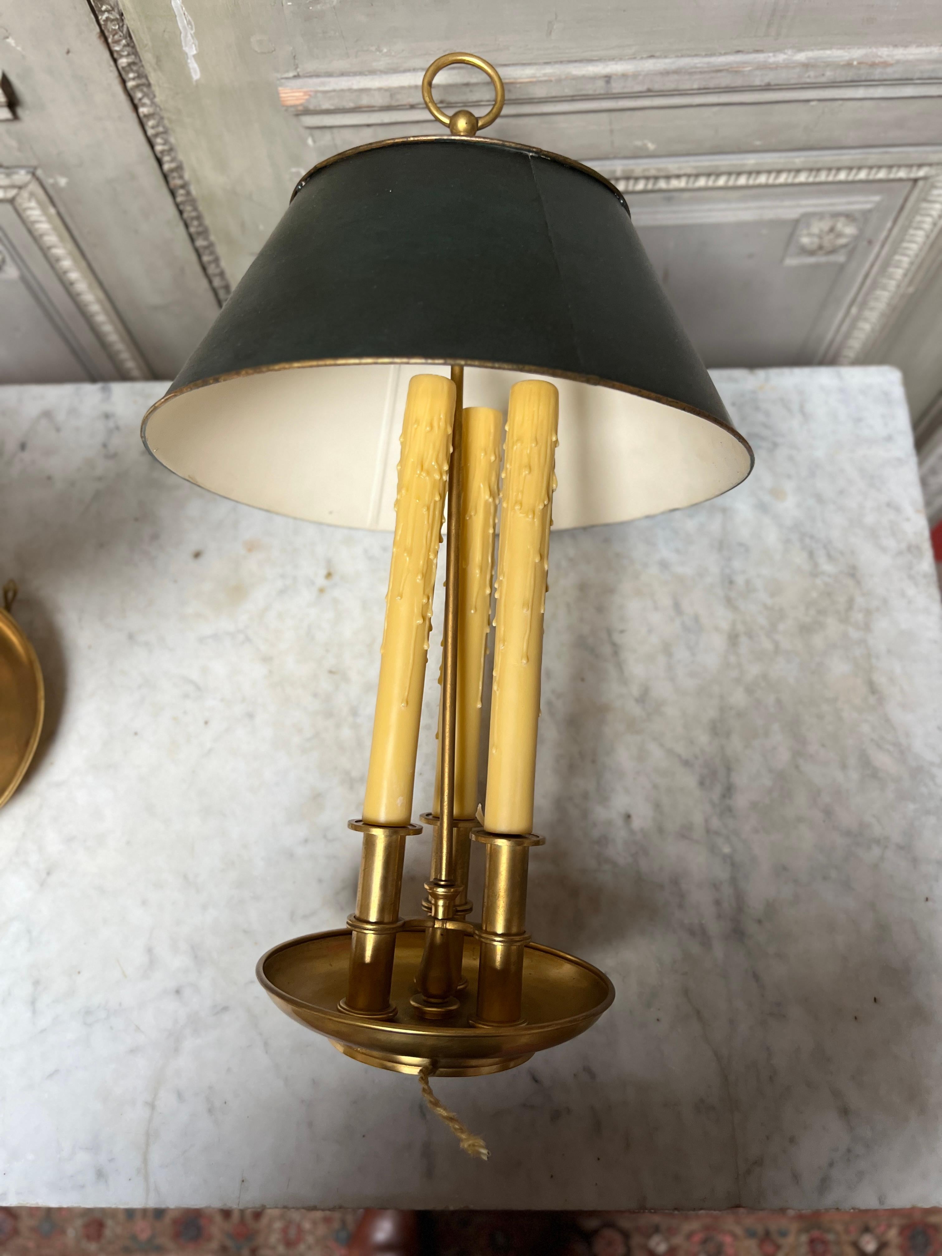 Pair of French Brass and Green Tole Bouillotte Lamps For Sale 4