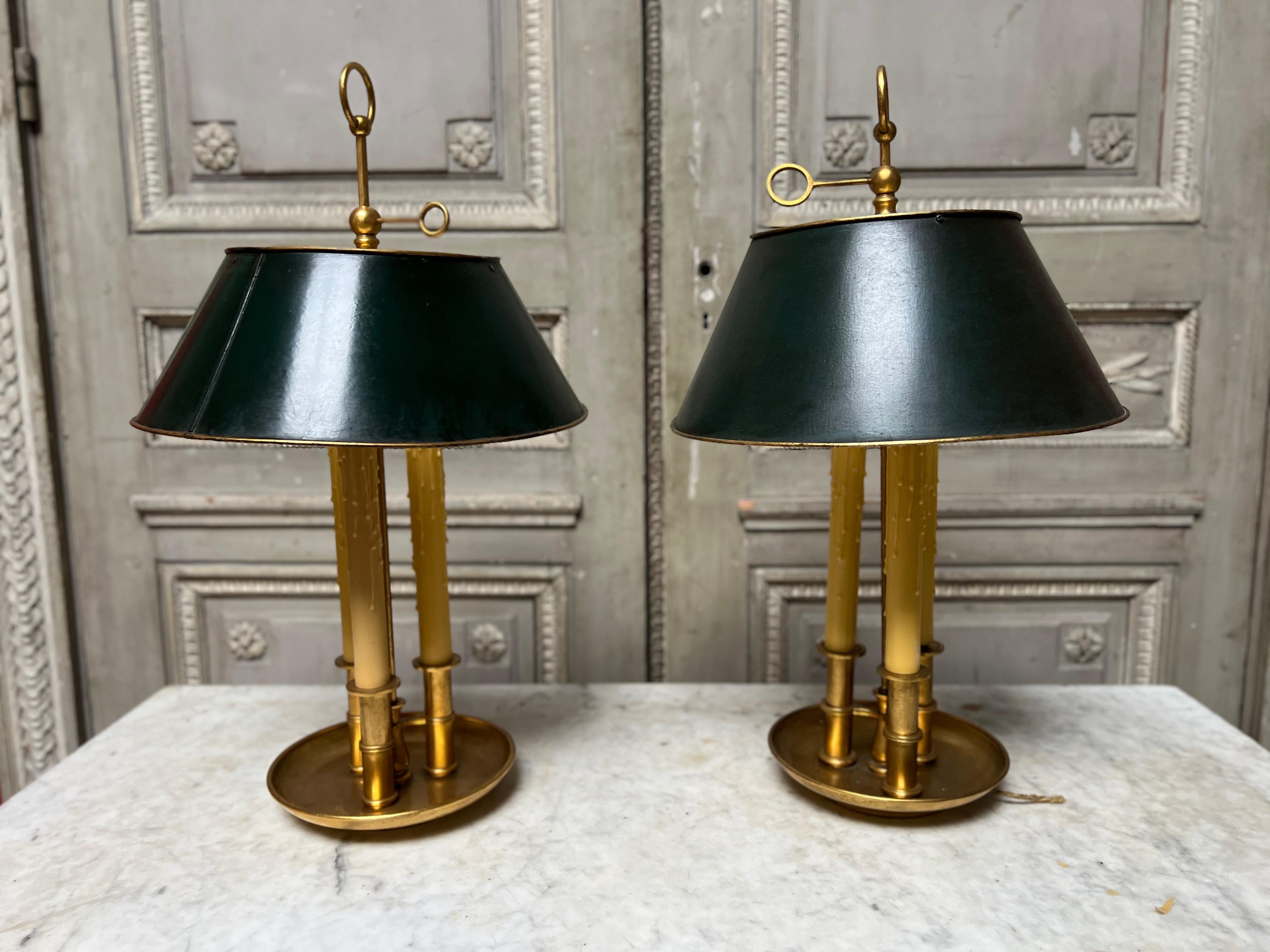 Pair of French Brass and Green Tole Bouillotte Lamps For Sale 9