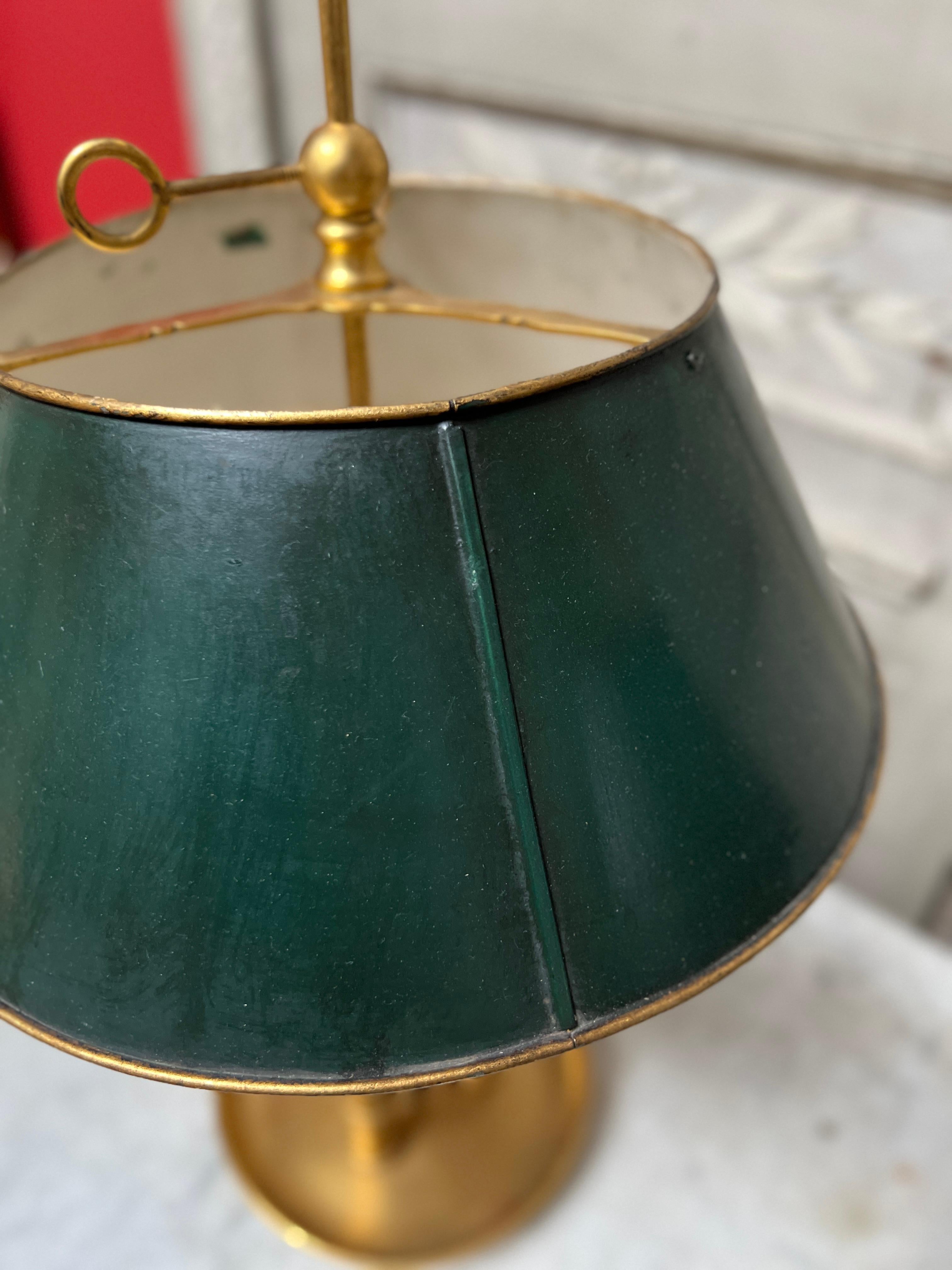 Pair of French Brass and Green Tole Bouillotte Lamps In Good Condition For Sale In Dallas, TX