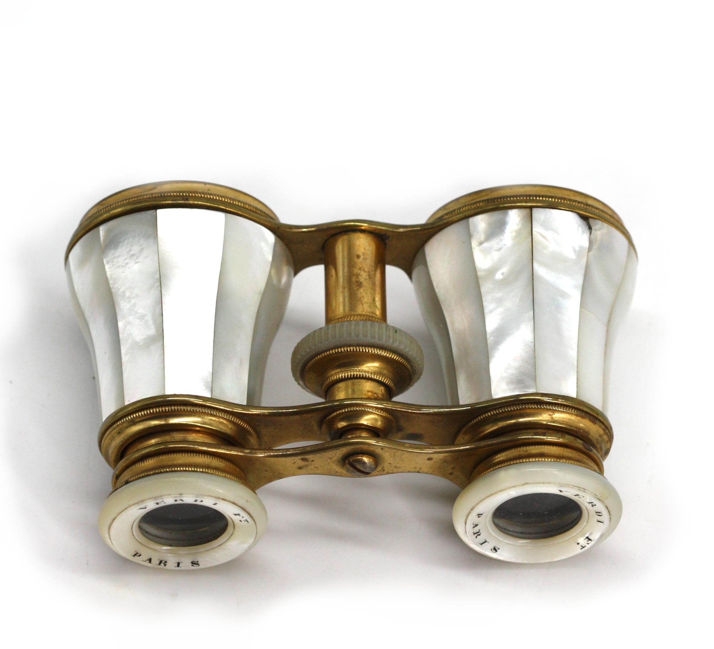 Brown Pair of French Brass and Mother-of-Pearl Opera Glasses Circa 1900 For Sale