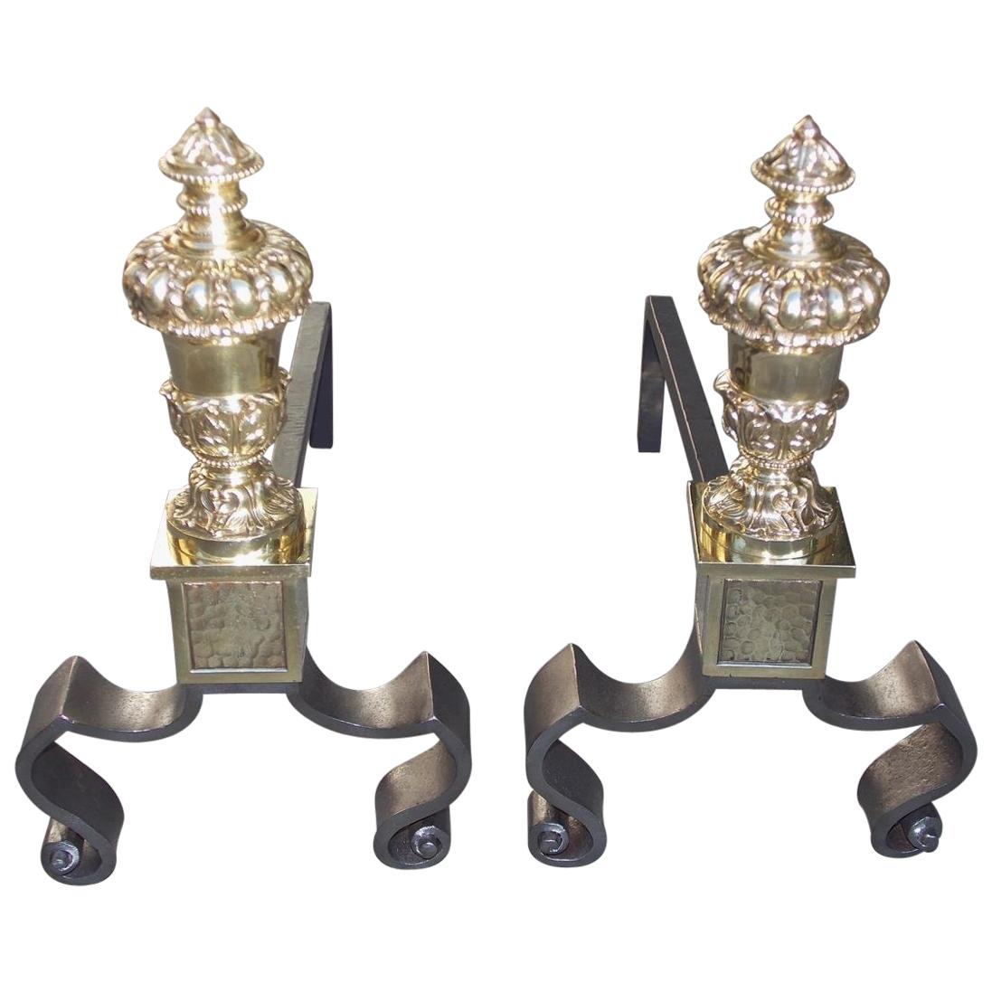 Pair of French Brass and Polished Steel Urn Finial Acanthus Andirons, Circa 1850