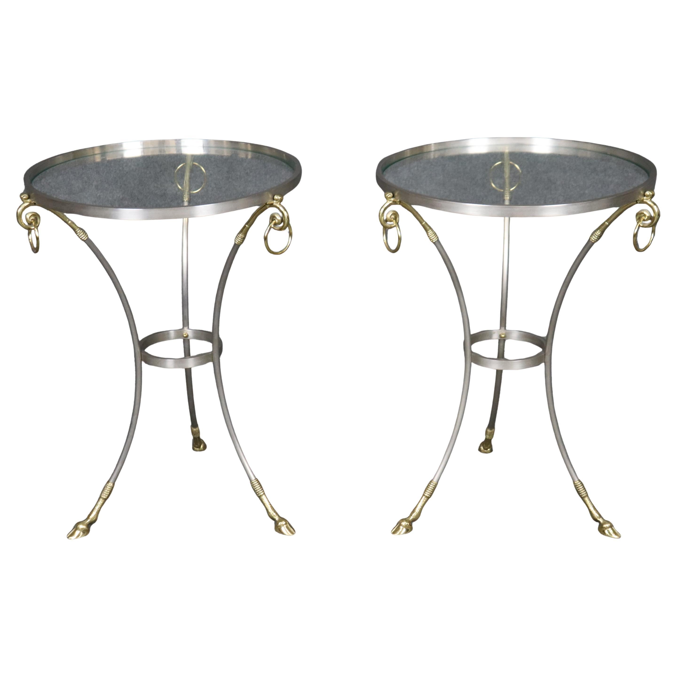 Pair of French Brass and Steel Jansen Style Glass Top Gueridon  End Tables