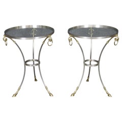 Pair of French Brass and Steel Jansen Style Glass Top Gueridon  End Tables