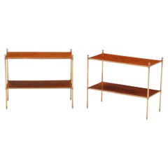 Pair of French brass and walnut two tier tables circa 1960.