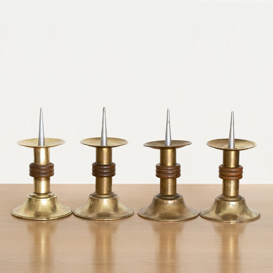 European Pair of French Brass and Wood Candle Holders