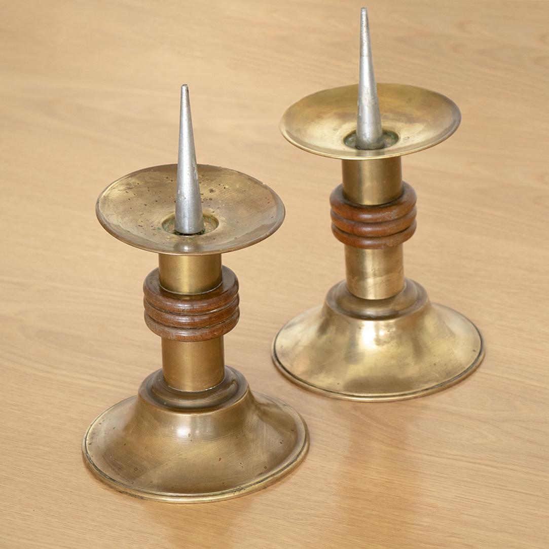 Pair of French Brass and Wood Candle Holders In Good Condition In Los Angeles, CA