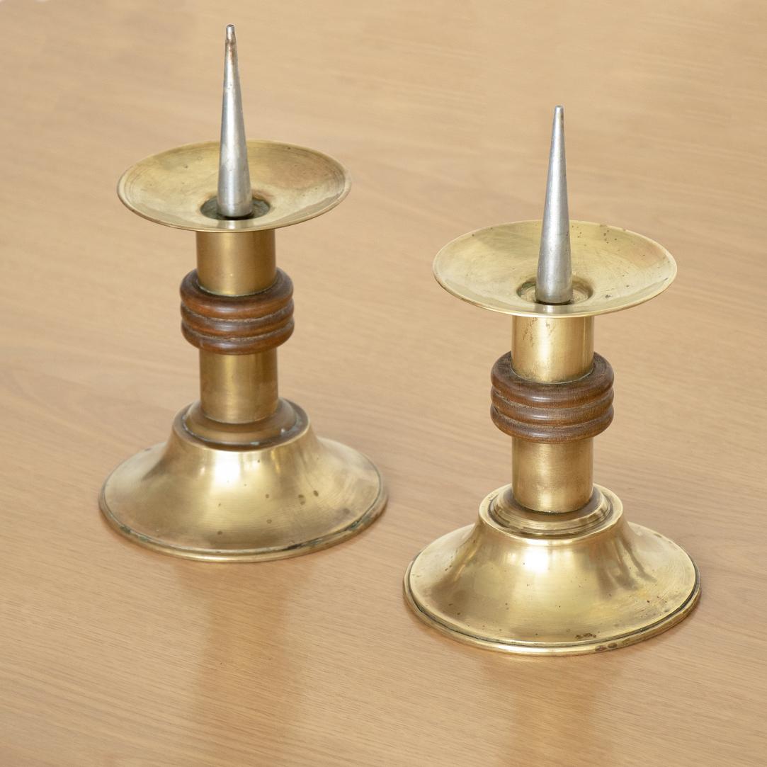 20th Century Pair of French Brass and Wood Candle Holders