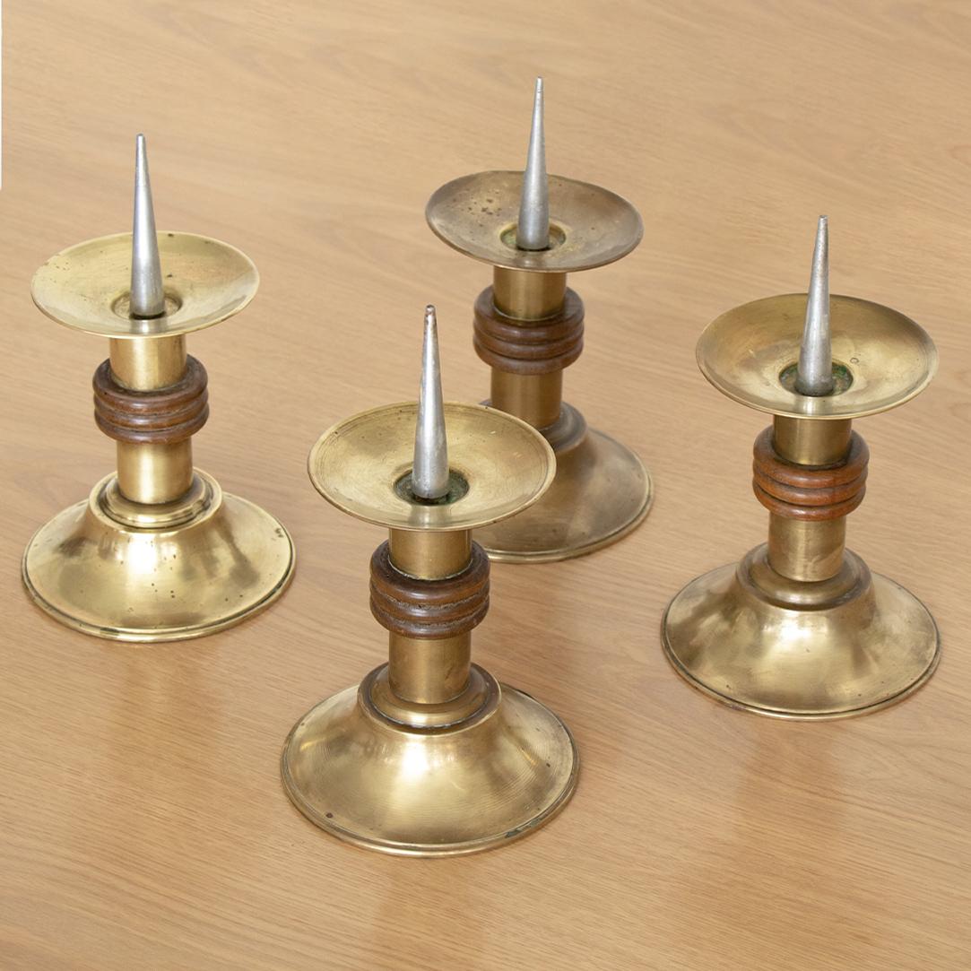 Pair of French Brass and Wood Candle Holders 1