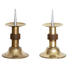 Pair of French Brass and Wood Candle Holders