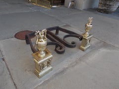 Pair of French Brass and Wrought Iron Lion and Foliage Urn Andirons, Circa 1790