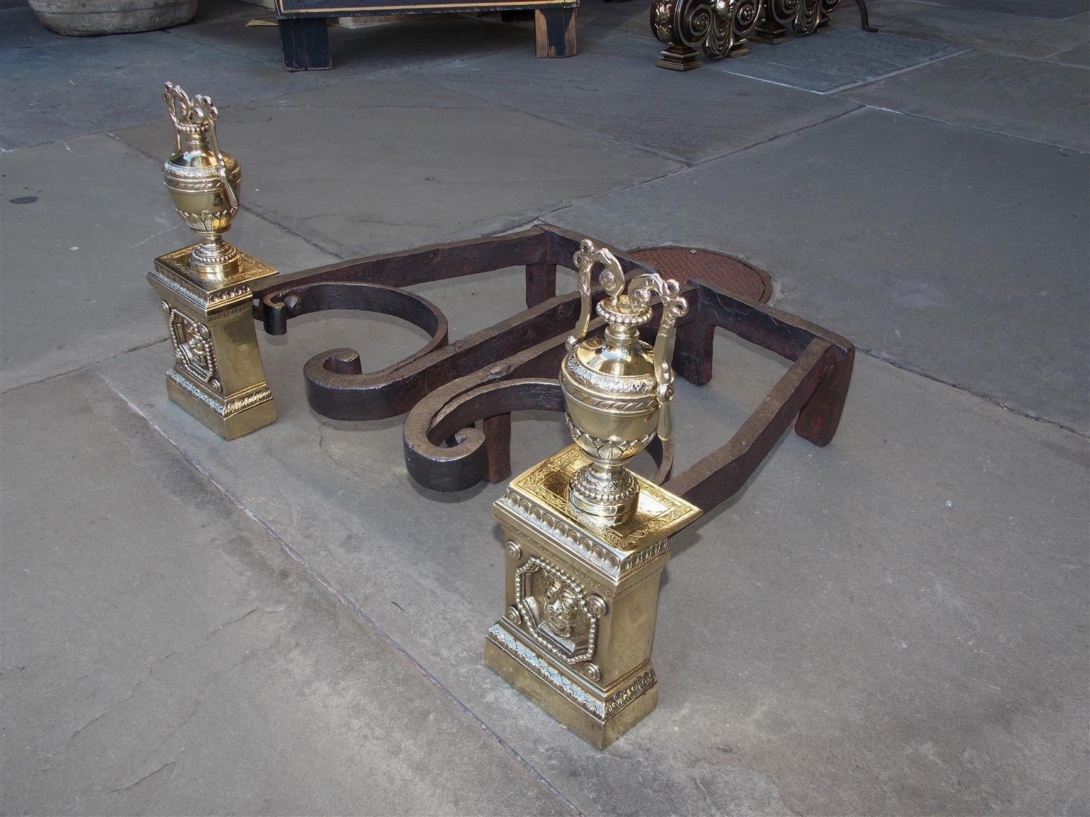 Louis XVI Pair of French Brass and Wrought Iron Lion and Foliage Urn Andirons, Circa 1790 For Sale