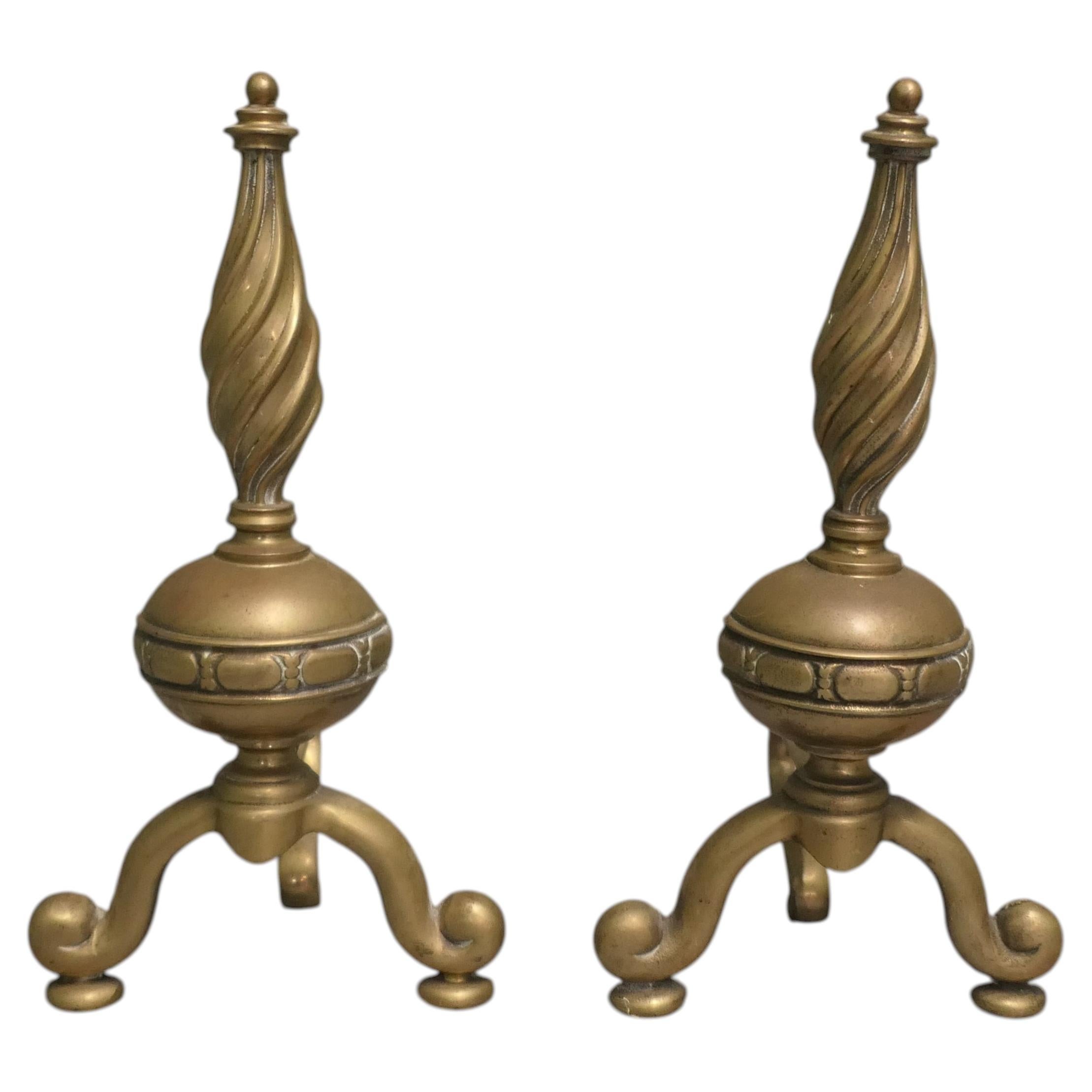 Pair of French Brass Andirons, Fire Dogs or Chenets For Sale