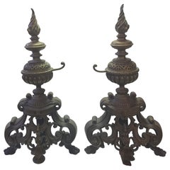 Antique Pair of French Brass Andirons