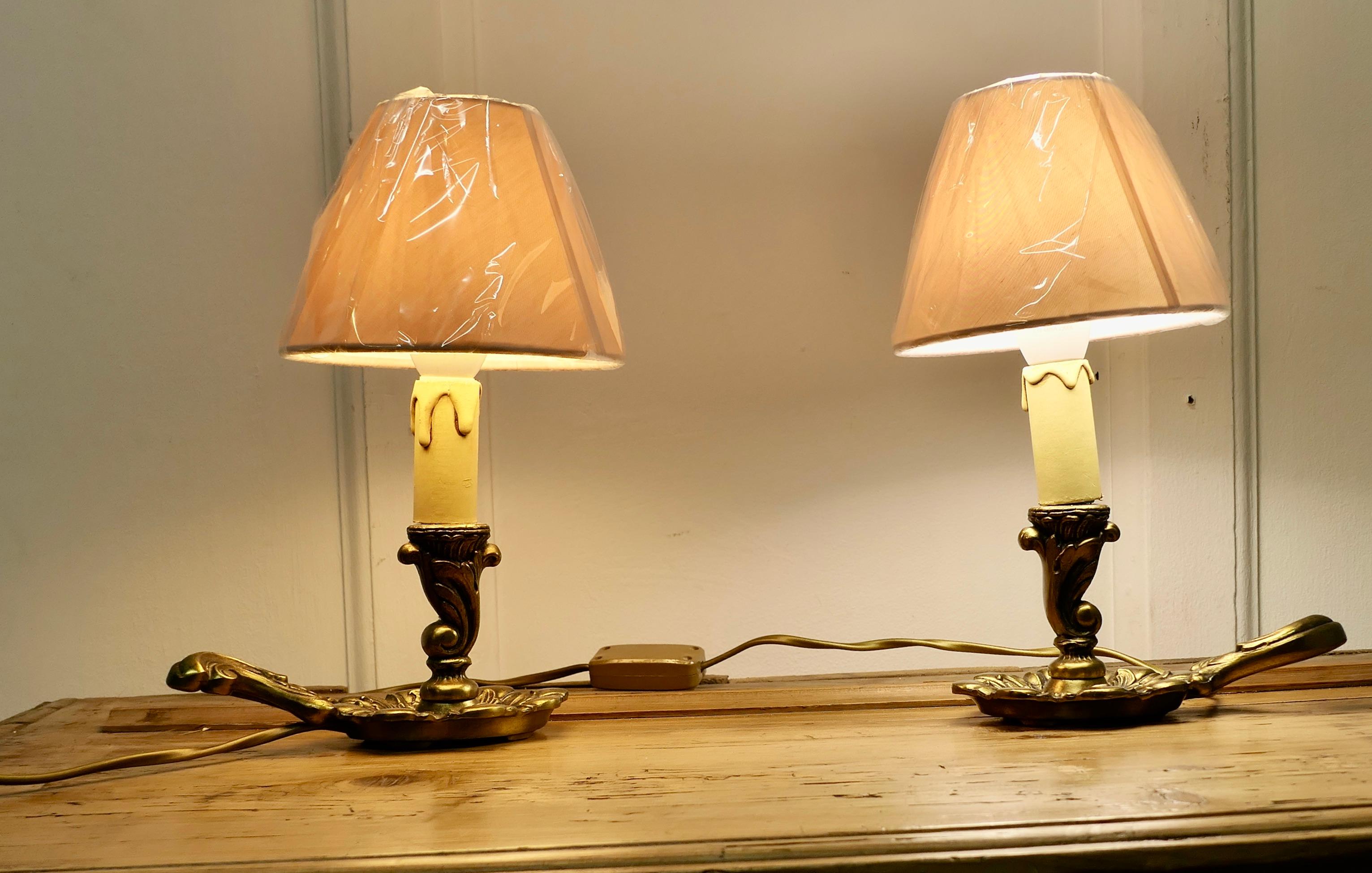 Arts and Crafts Pair of French Brass Bedside Lamps       For Sale