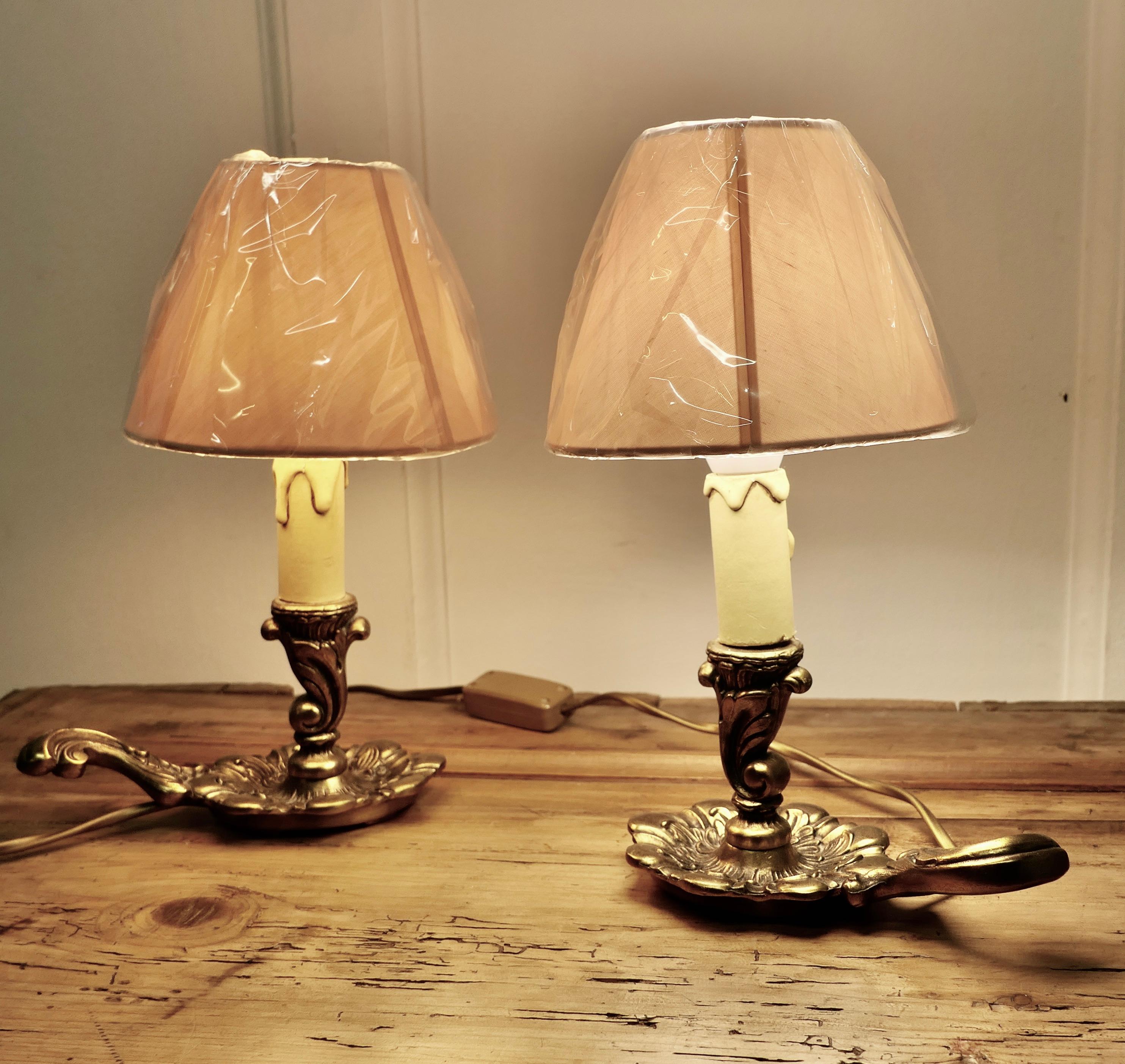 Mid-20th Century Pair of French Brass Bedside Lamps       For Sale