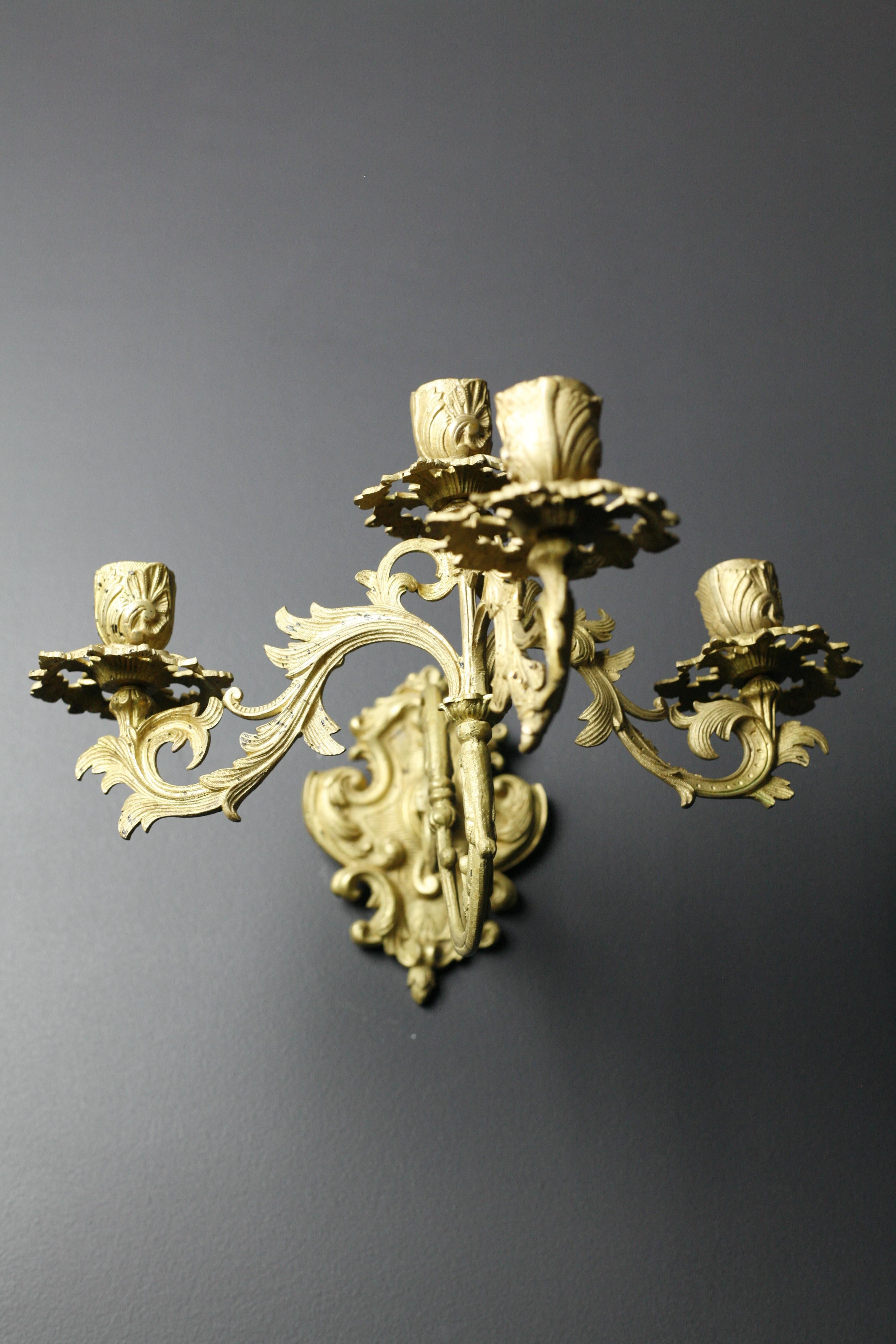 Bohemian Pair of French Brass Candle Light Sconces, France Louis XVI Style, 19th Century For Sale