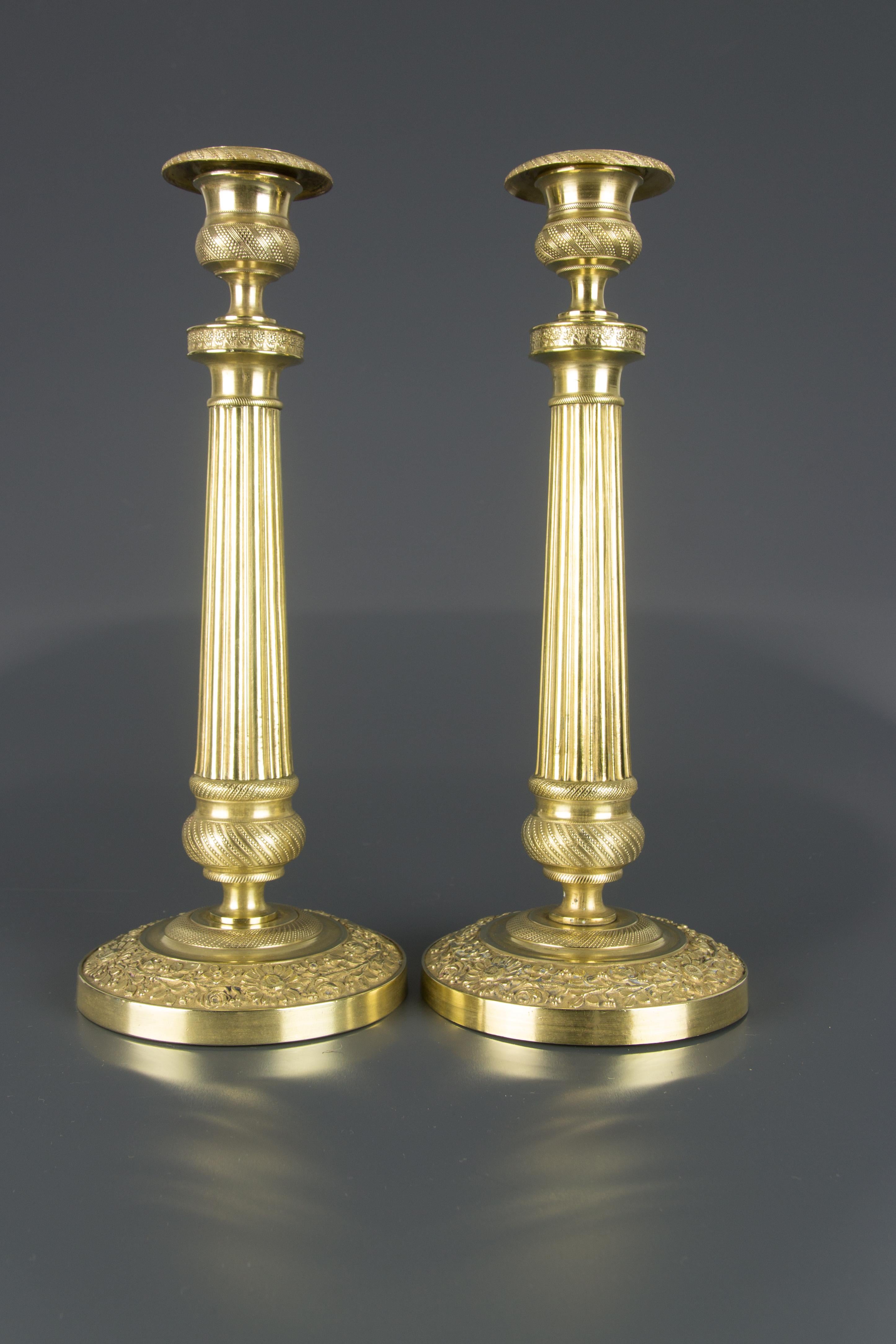 Restauration Pair of French Brass Candlesticks with Floral Motifs, 1920s