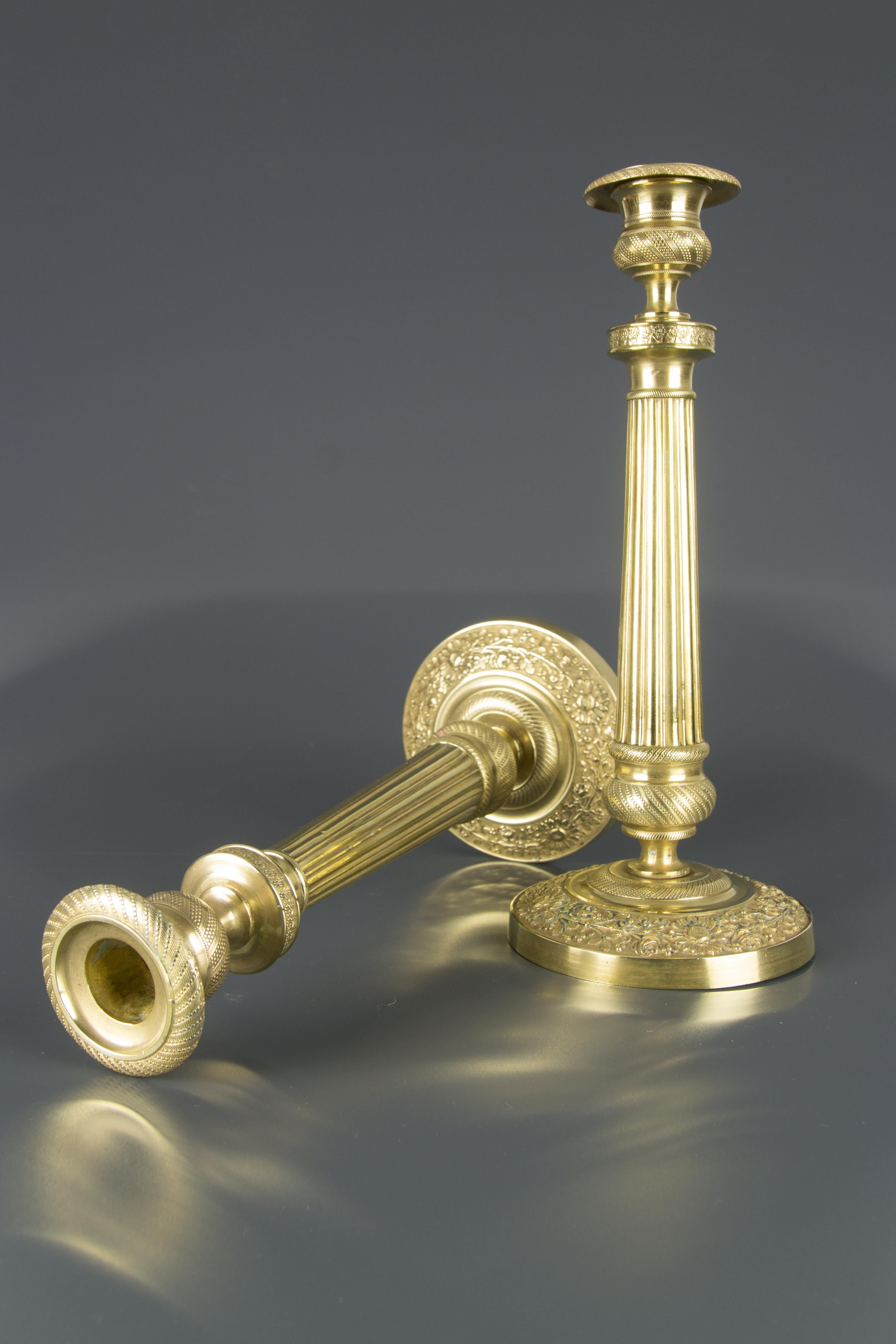 Pair of French Brass Candlesticks with Floral Motifs, 1920s 1