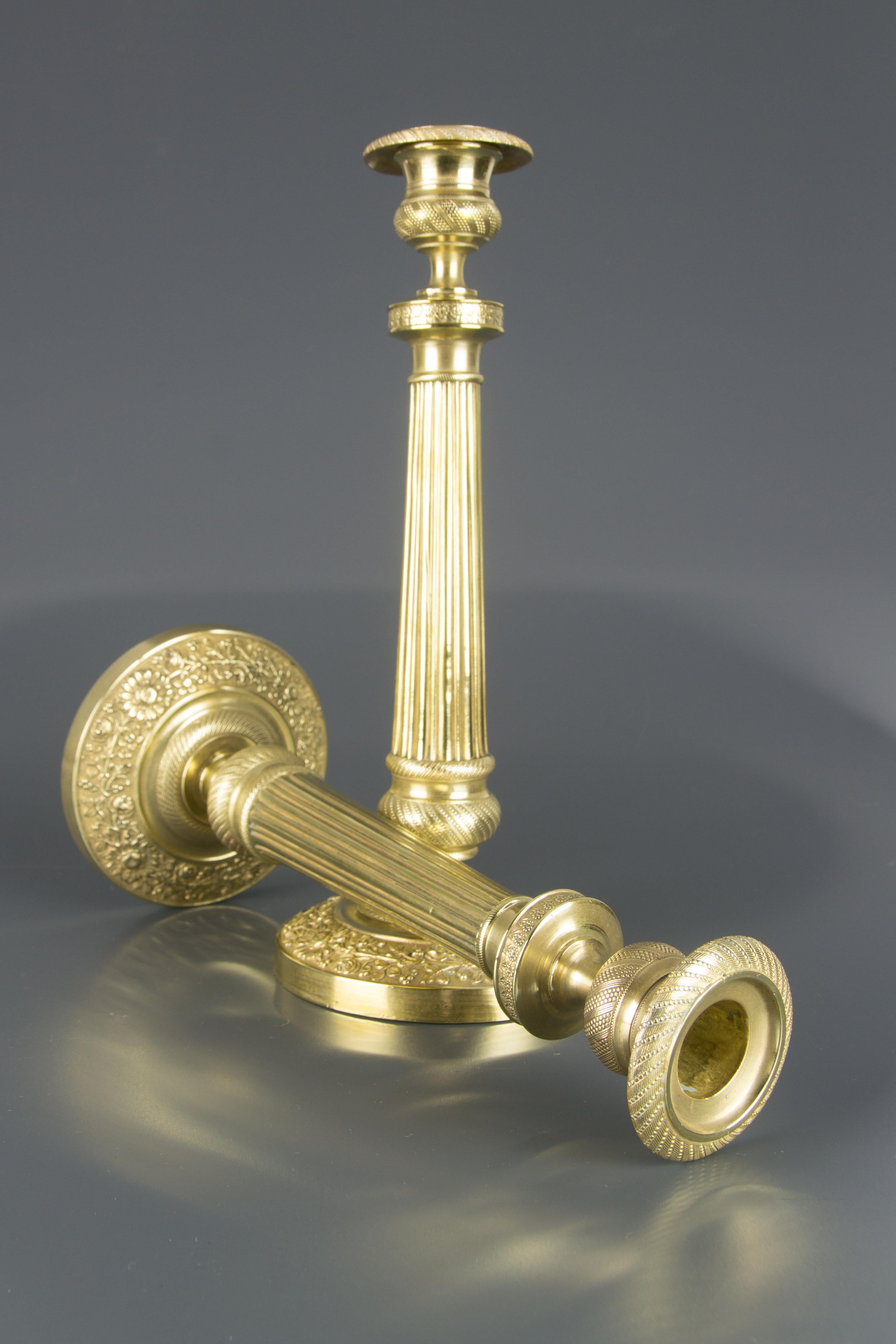 Pair of French Brass Candlesticks with Floral Motifs, 1920s 2