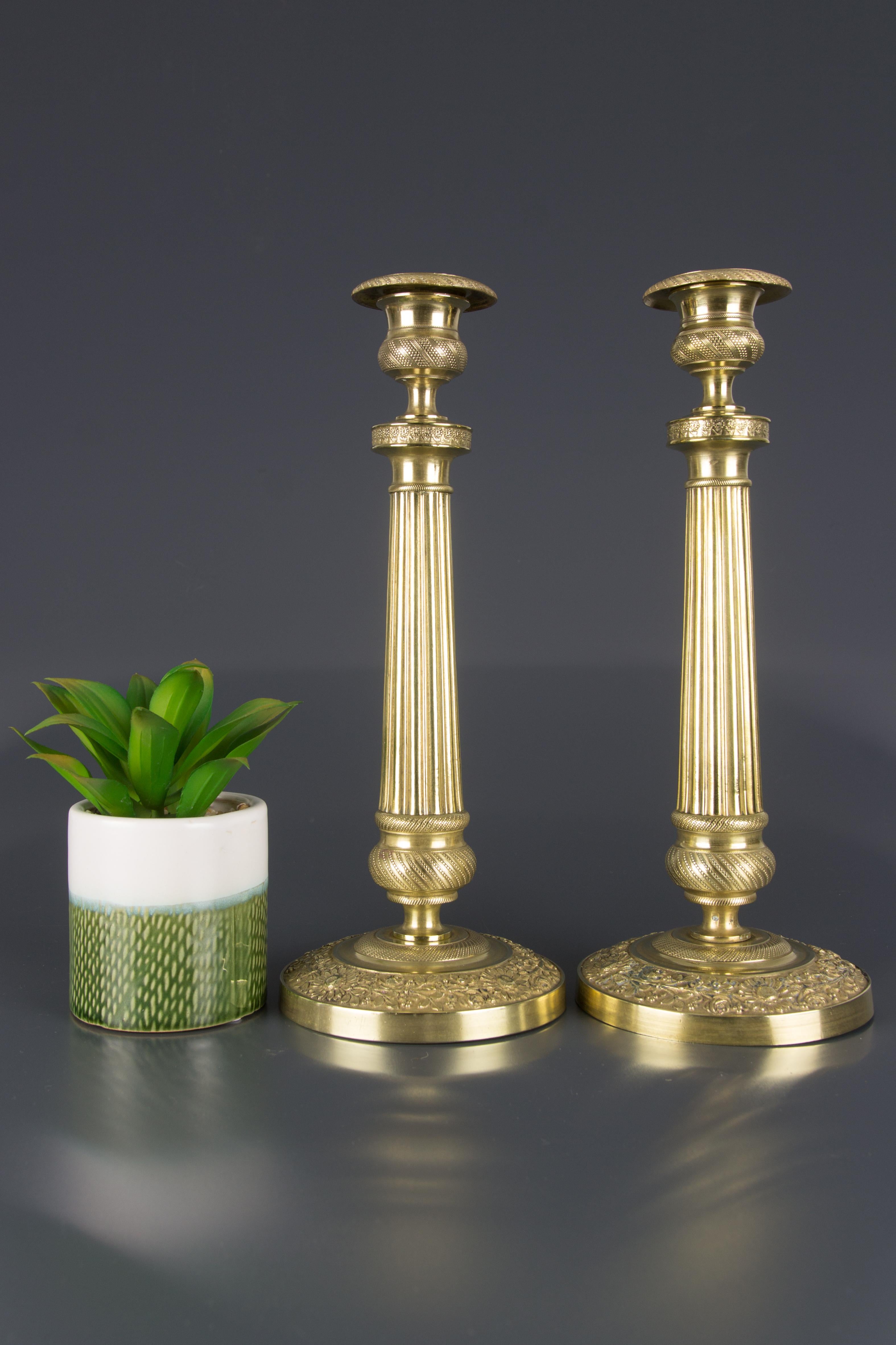 Pair of French Brass Candlesticks with Floral Motifs, 1920s 3
