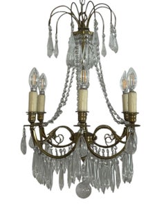 Pair of French Brass Chandeliers with Rock Crystal & Glass. Early 20th century.