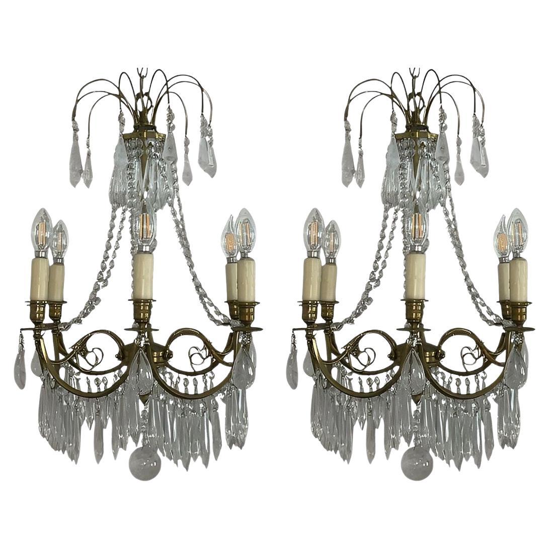 Pair of French Brass Chandeliers with Rock Crystal & Glass. Early 20th century.
