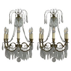 Pair of French Brass Chandeliers with Rock Crystal & Glass. Early 20th century.