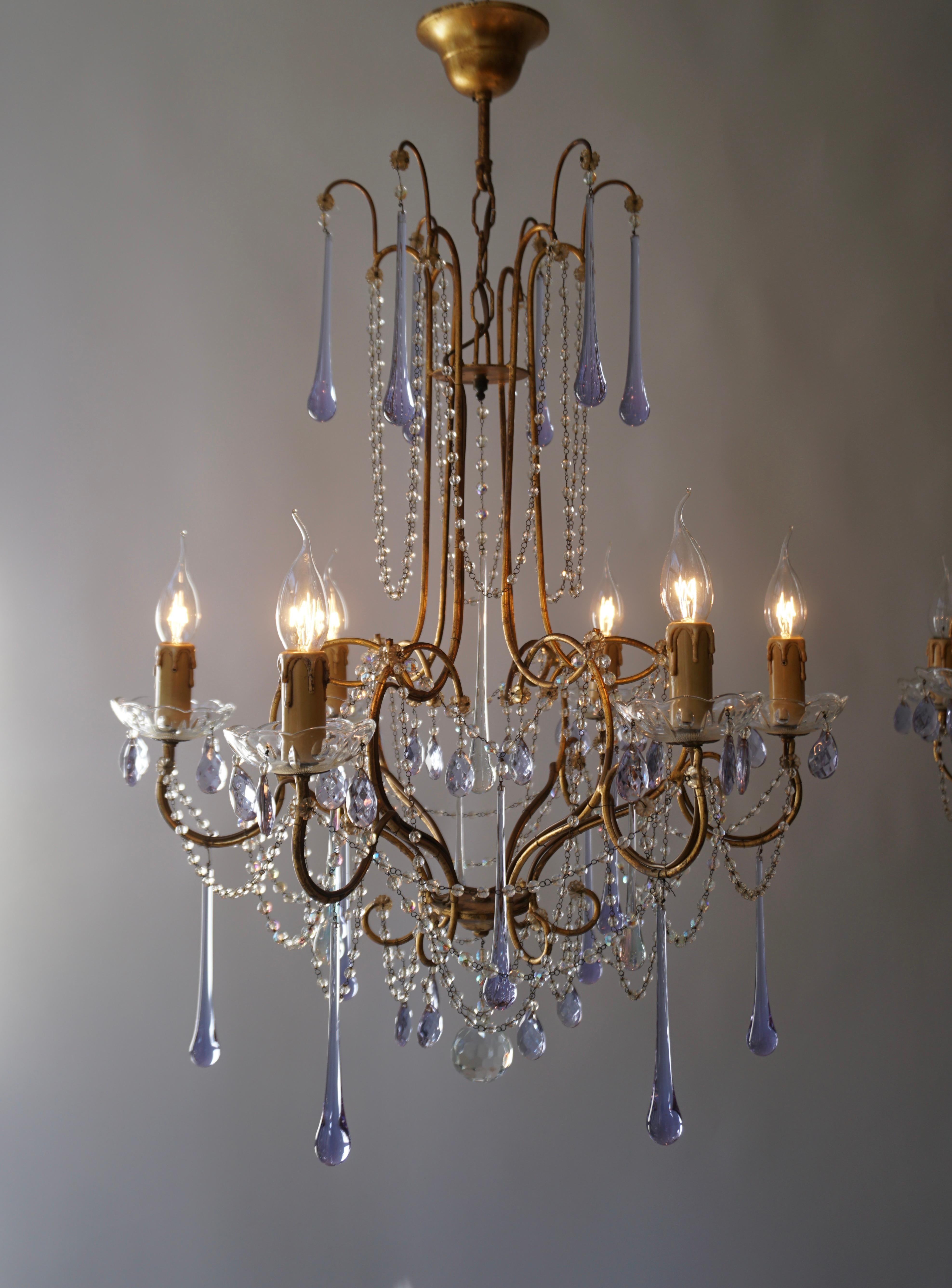 Hollywood Regency Pair of French Brass Chandeliers with Glass Teardrops For Sale