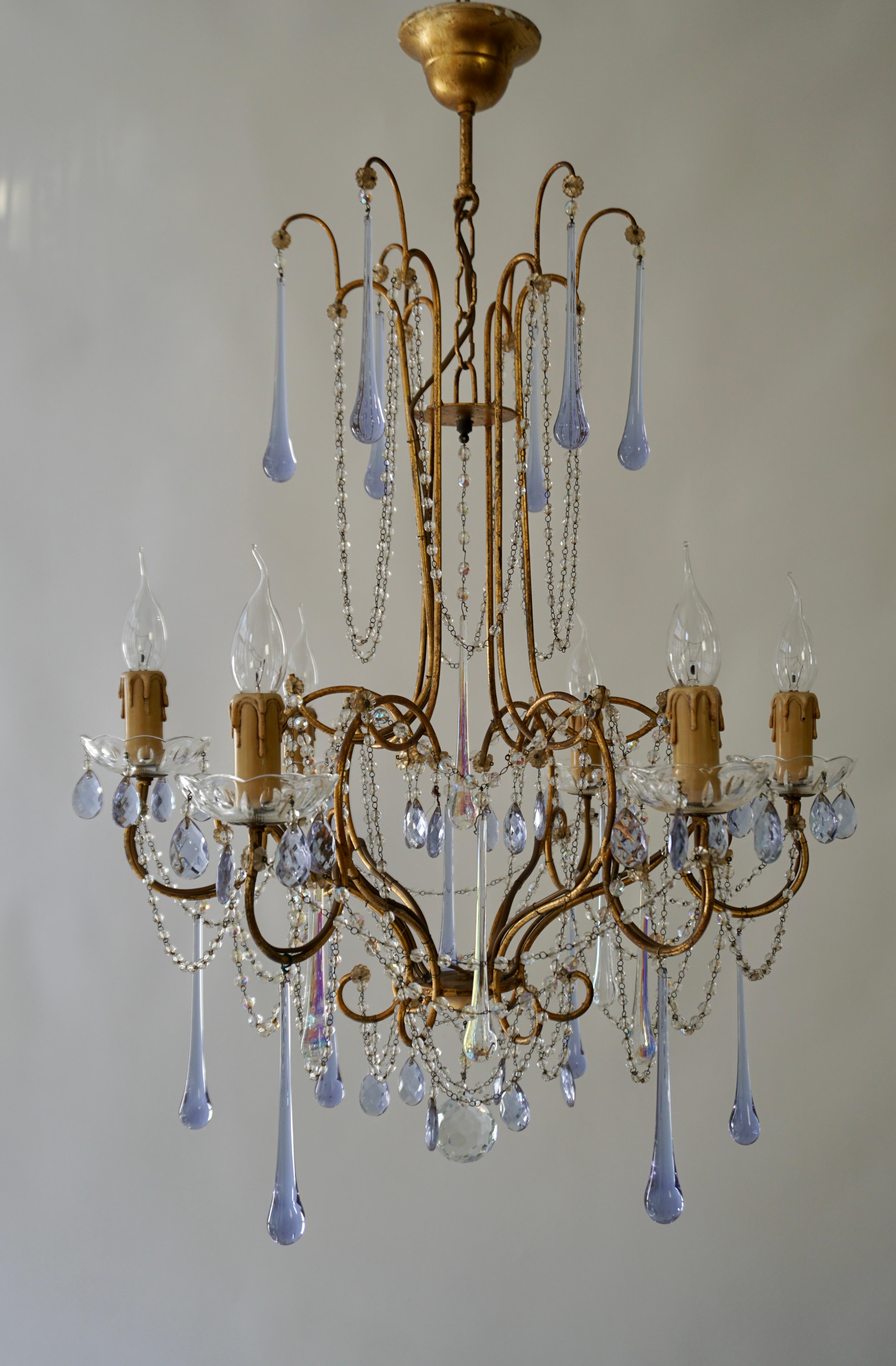 Italian Pair of French Brass Chandeliers with Glass Teardrops For Sale